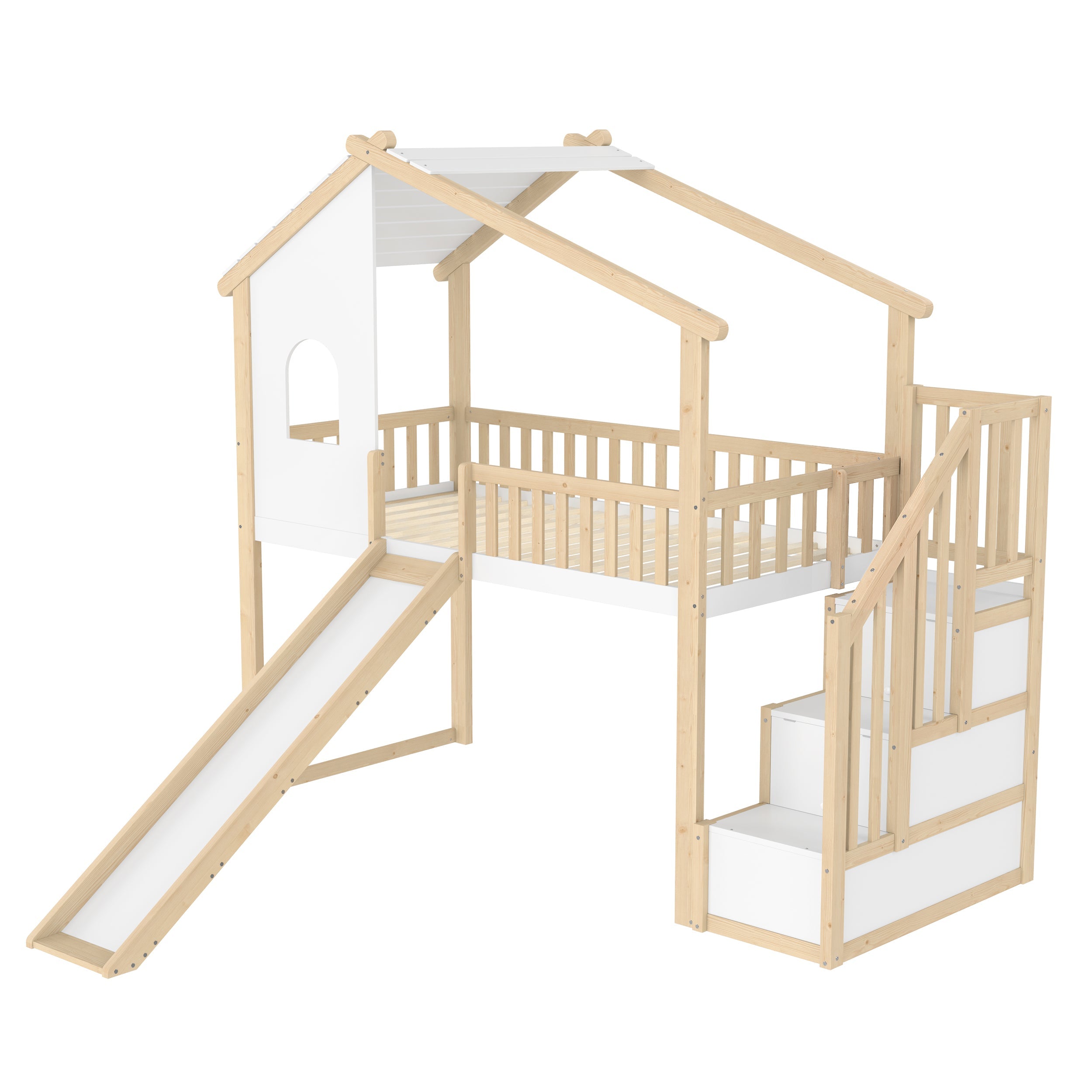 Logidon hoogslaper 90x200 cm naturel wit met bedrail en glijbaan