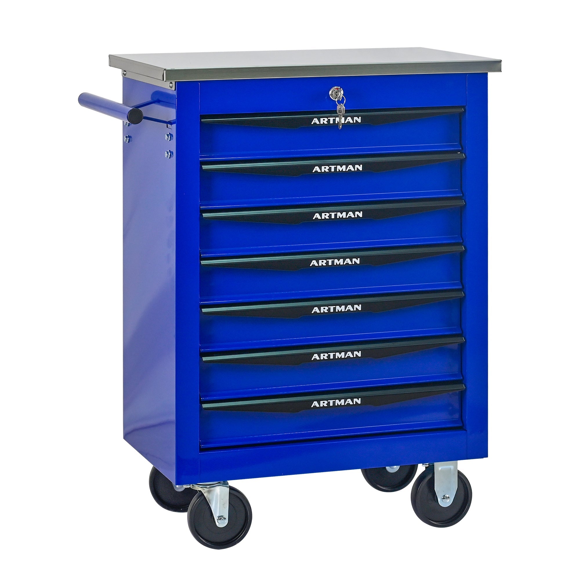 Logidon gereedschapswagen 7 laden blauw stalen wielen RVS dak