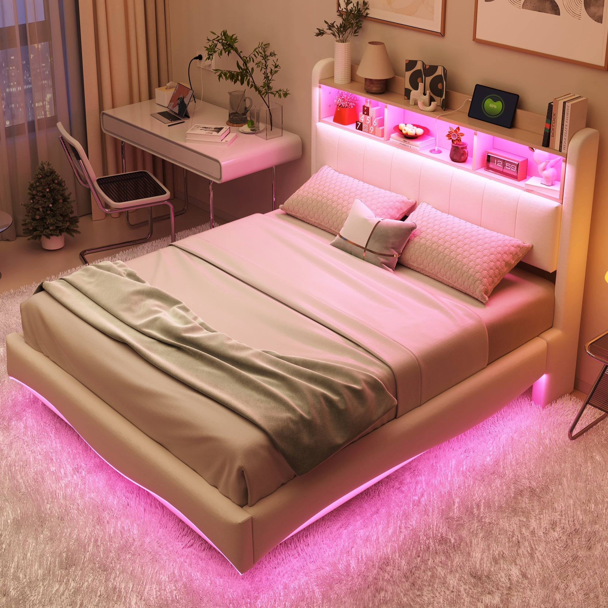 Logidon gestoffeerd bed 140x200 beige met LED-licht USB type C opbergruimte