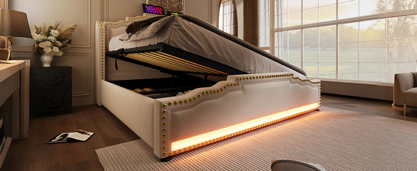 Logidon gestoffeerd bed 140x200 tweepersoonsbed hydraulische opbergruimte LED beige