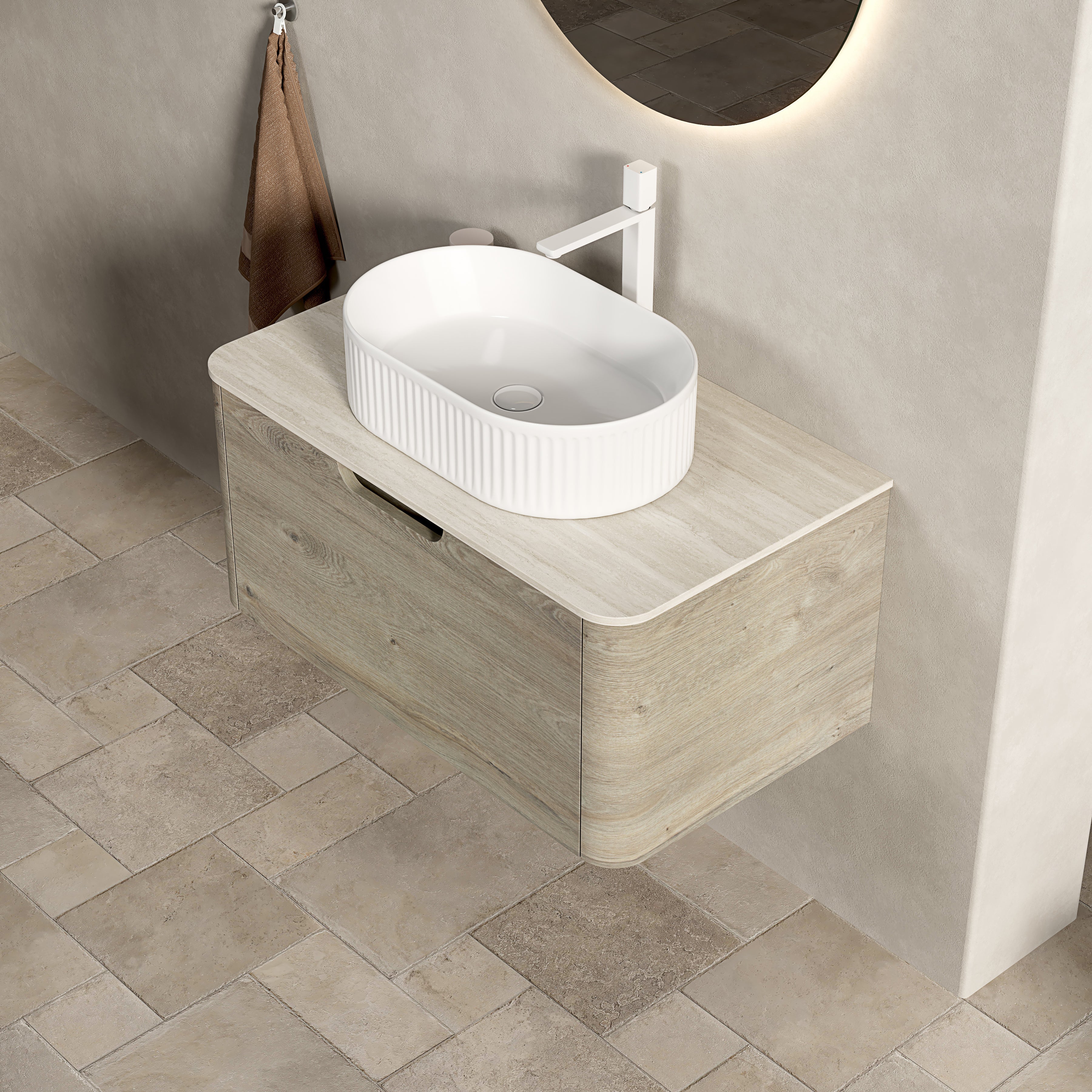 Logidon 80 cm floating bathroom furniture with travertine sintered stone top