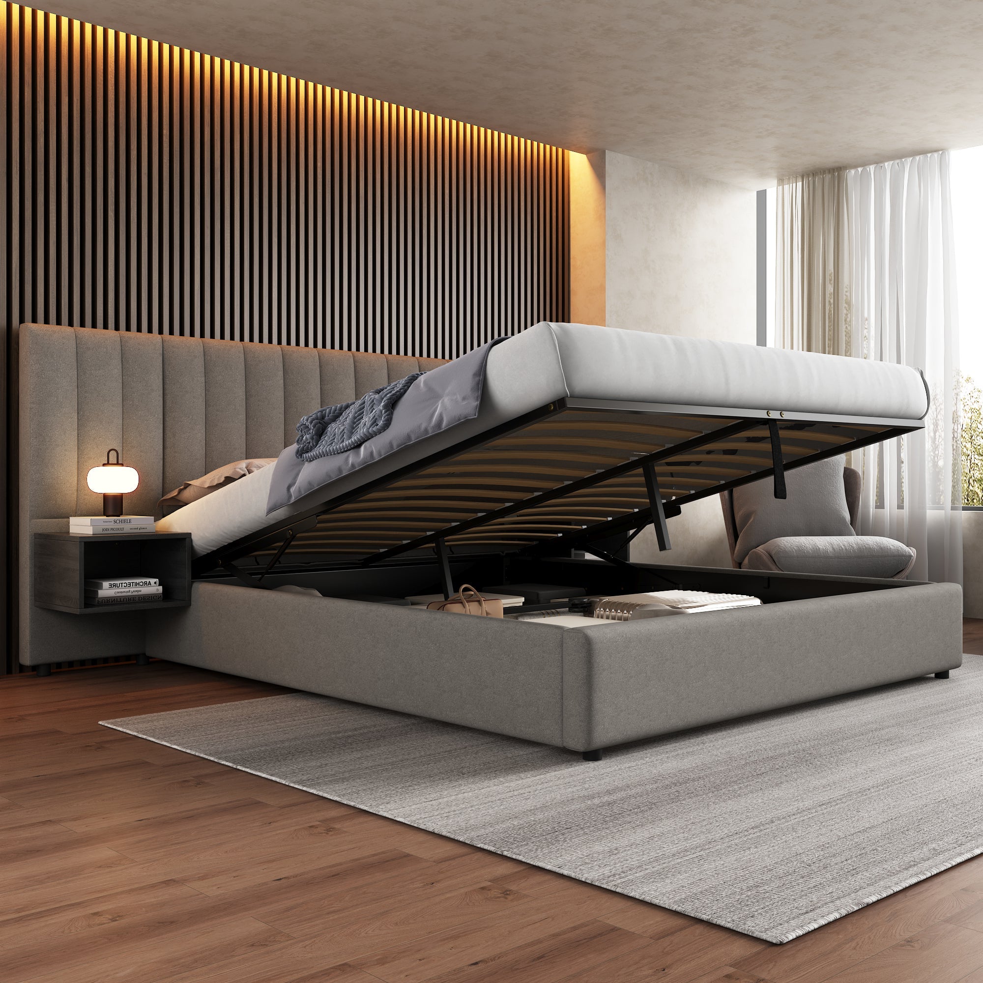 Logidon gestoffeerd bed 180x200 cm grijs zwart met twee nachtkastjes