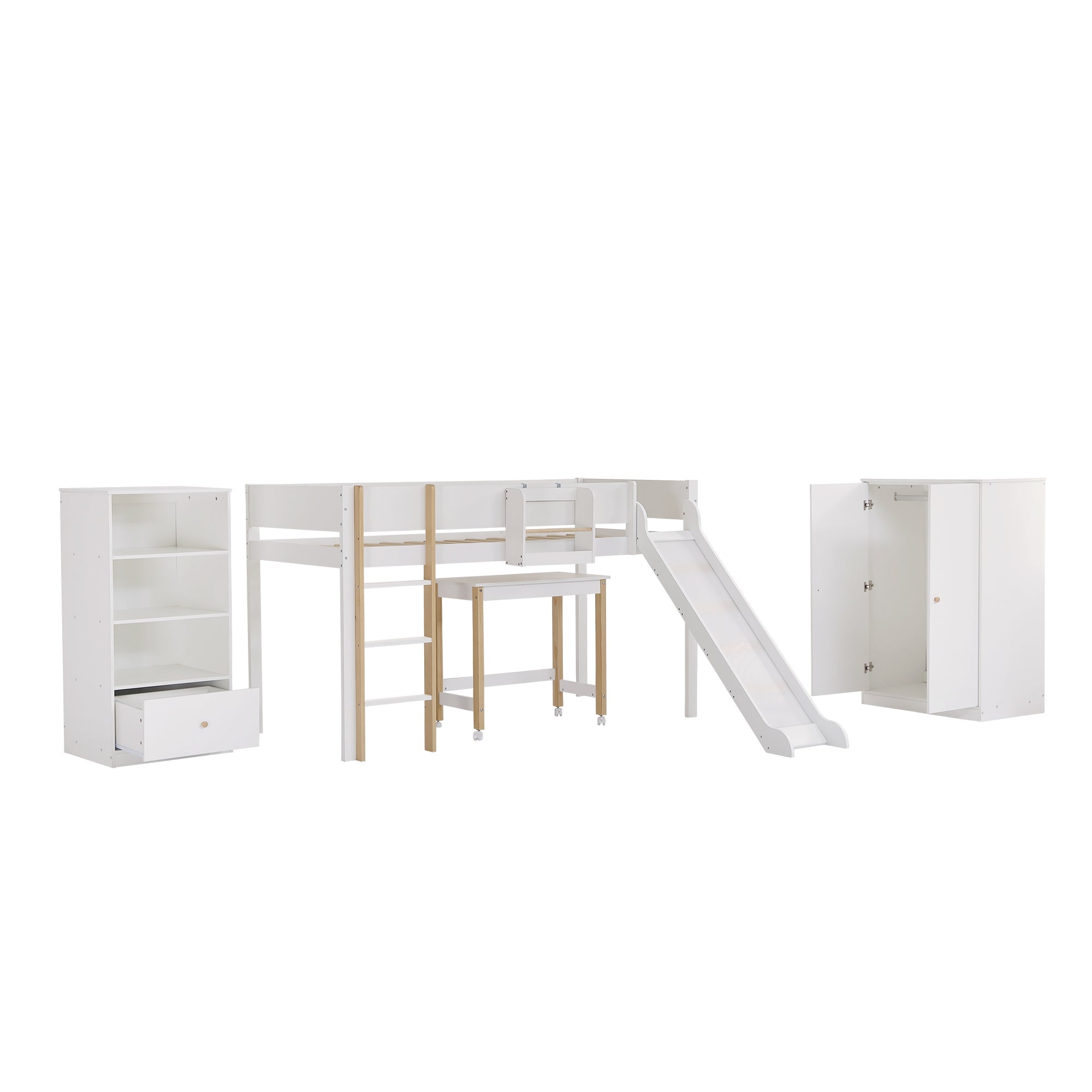 Logidon complete bedroom 3-piece loft bed with slide white/natural