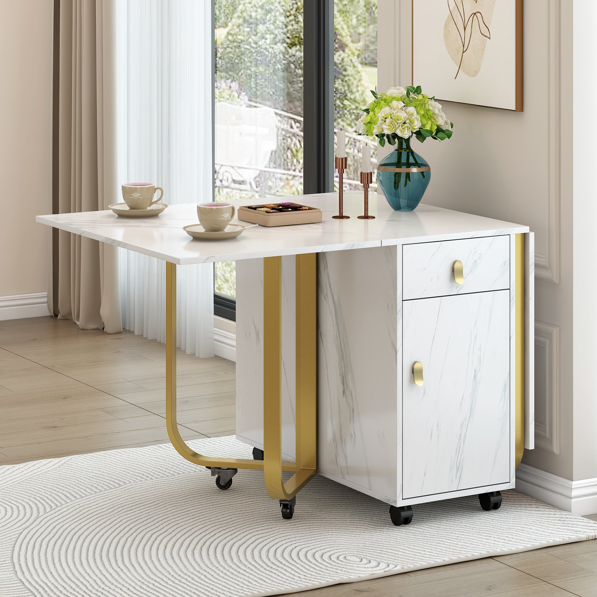 Logidon opklapbare eettafel wit 150 cm met kast en 2 lades