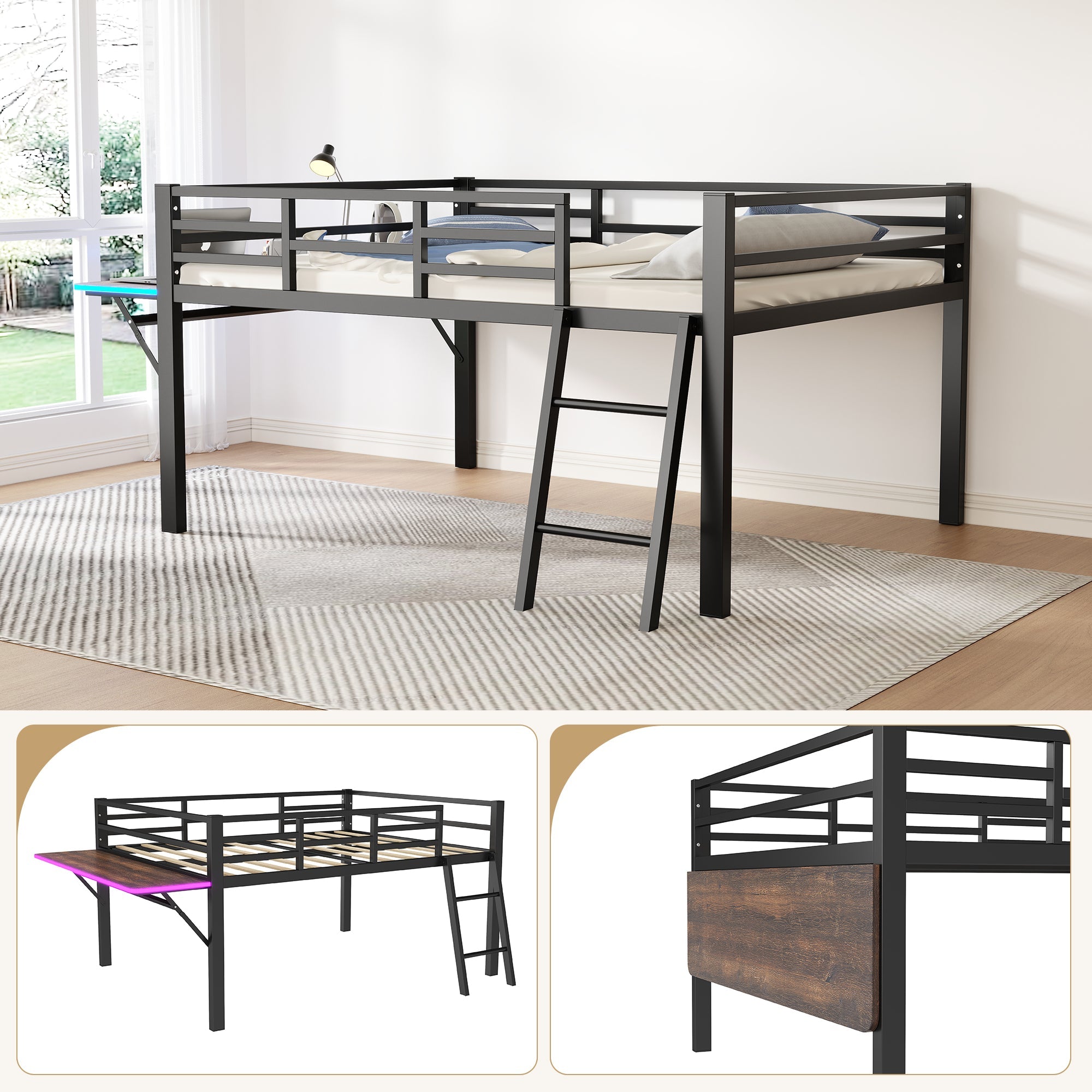 Logidon plat bed 140 x 200 cm metalen bed zwarte reling bureau