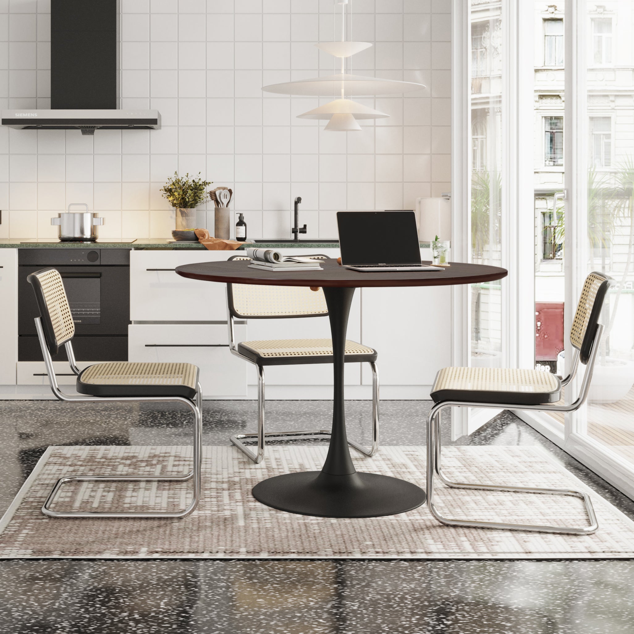 Logidon ronde eettafel 120 centimeter, MDF eikenhoutlook, bruin metalen onderstel