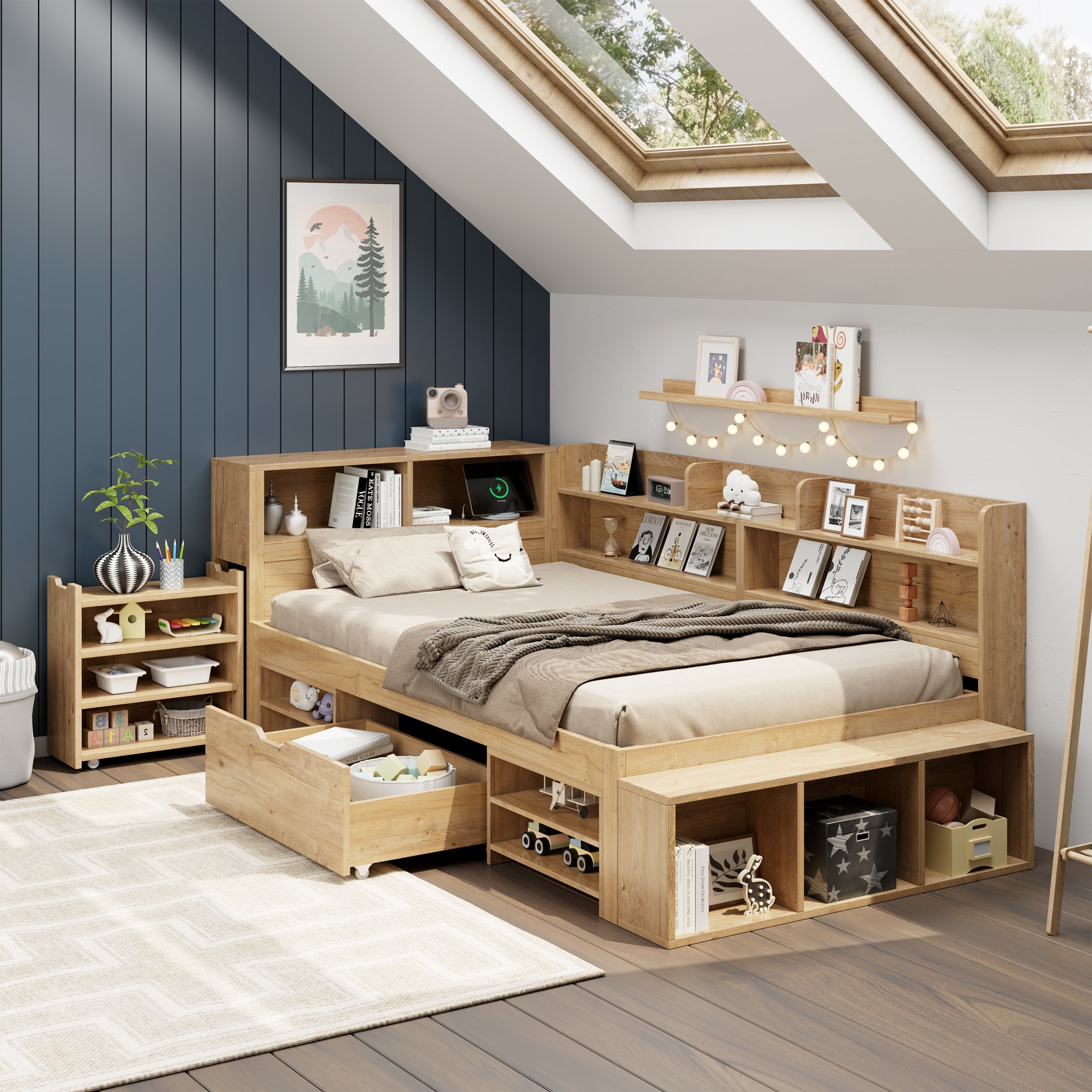 Logidon kinderbed 90x200 cm naturel hout met opbergruimte en opladen