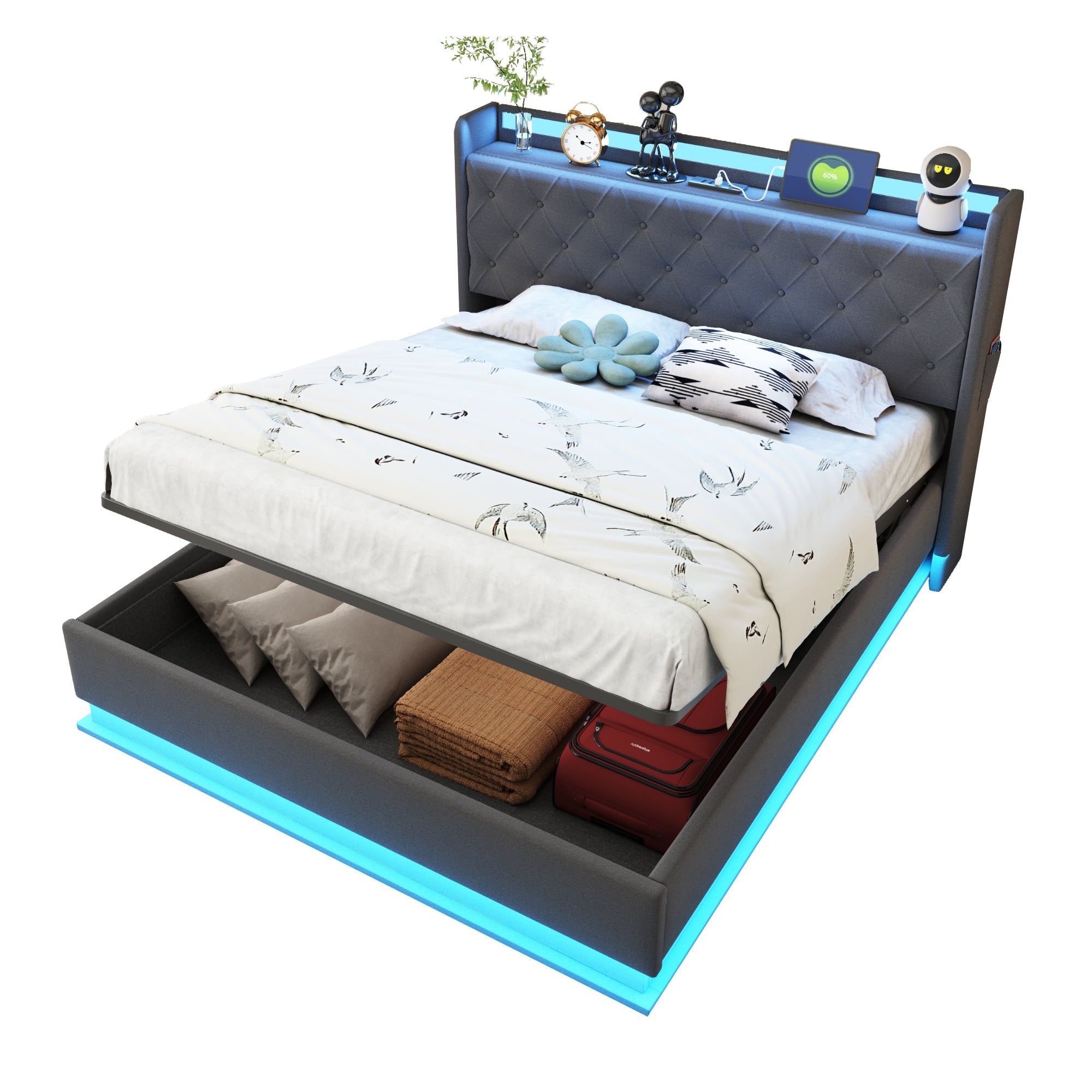 Logidon LED gestoffeerd bed 140x200 grijs met USB-oplaadpoort opbergruimte