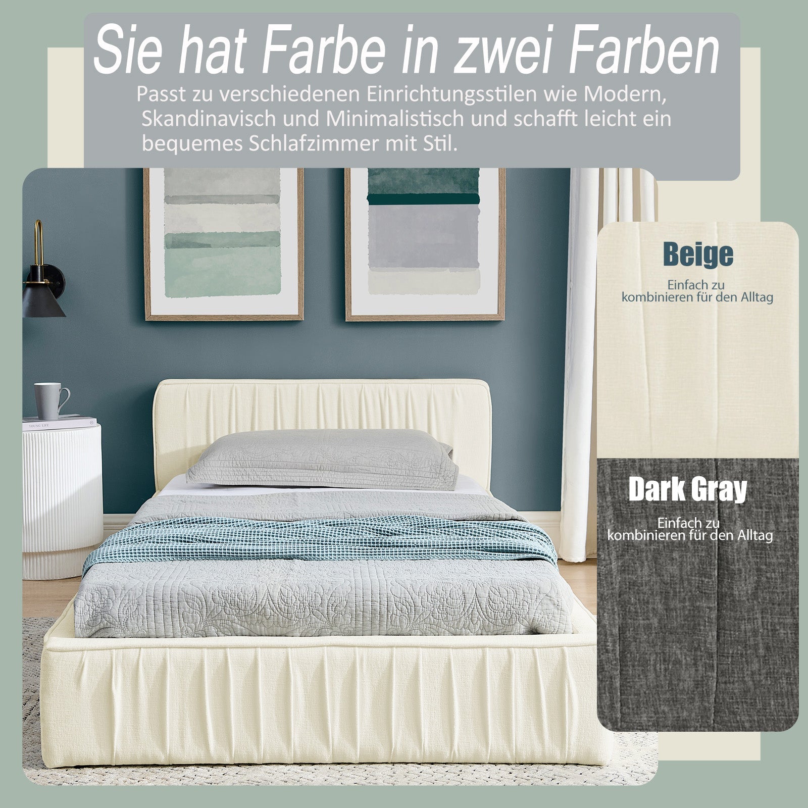 Logidon eenpersoonsbed 90x200cm chenille beige eucalyptushout ijzeren frame