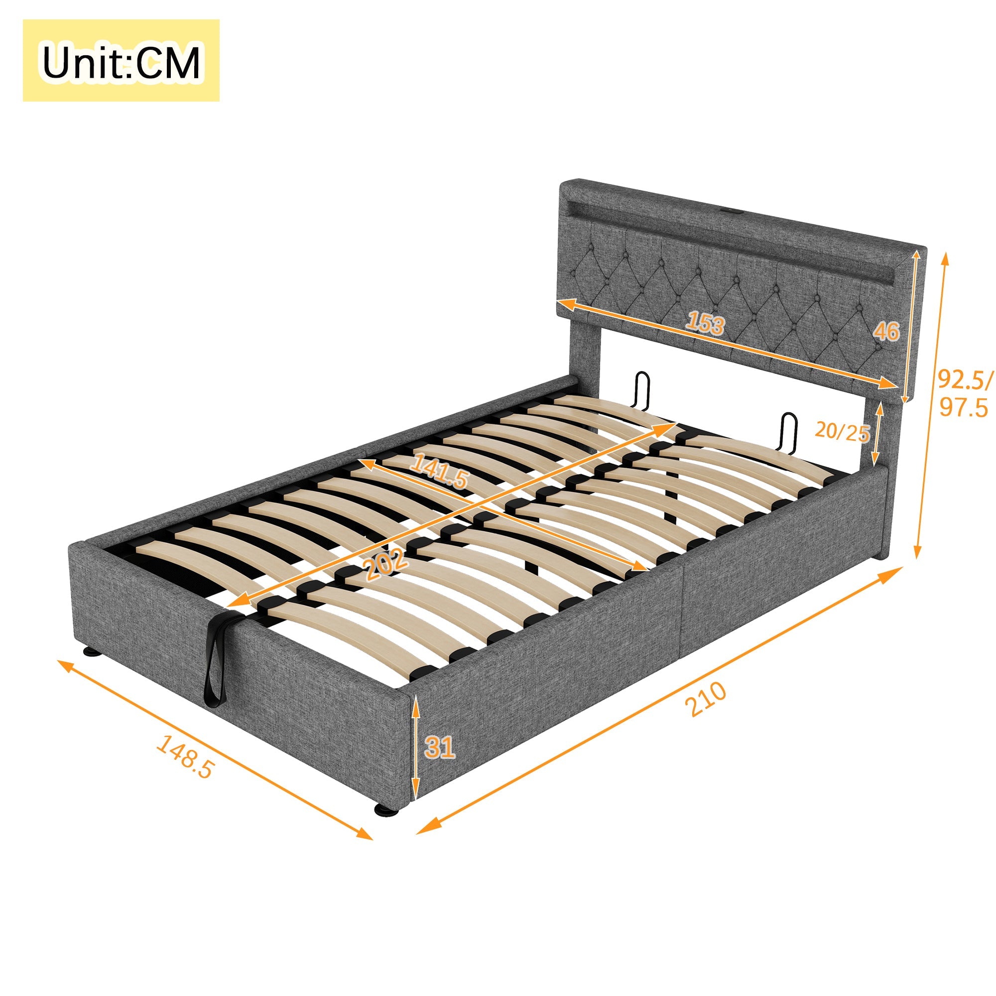 Logidon 140x200 cm gewatteerd bed met sfeerlichtopberger grijs