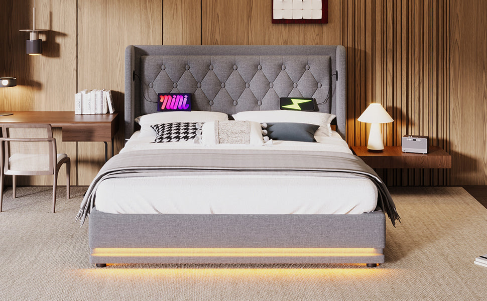 Logidon gestoffeerd bed tweepersoonsbed 180x200 grijs USB TypeC oplaadfunctie