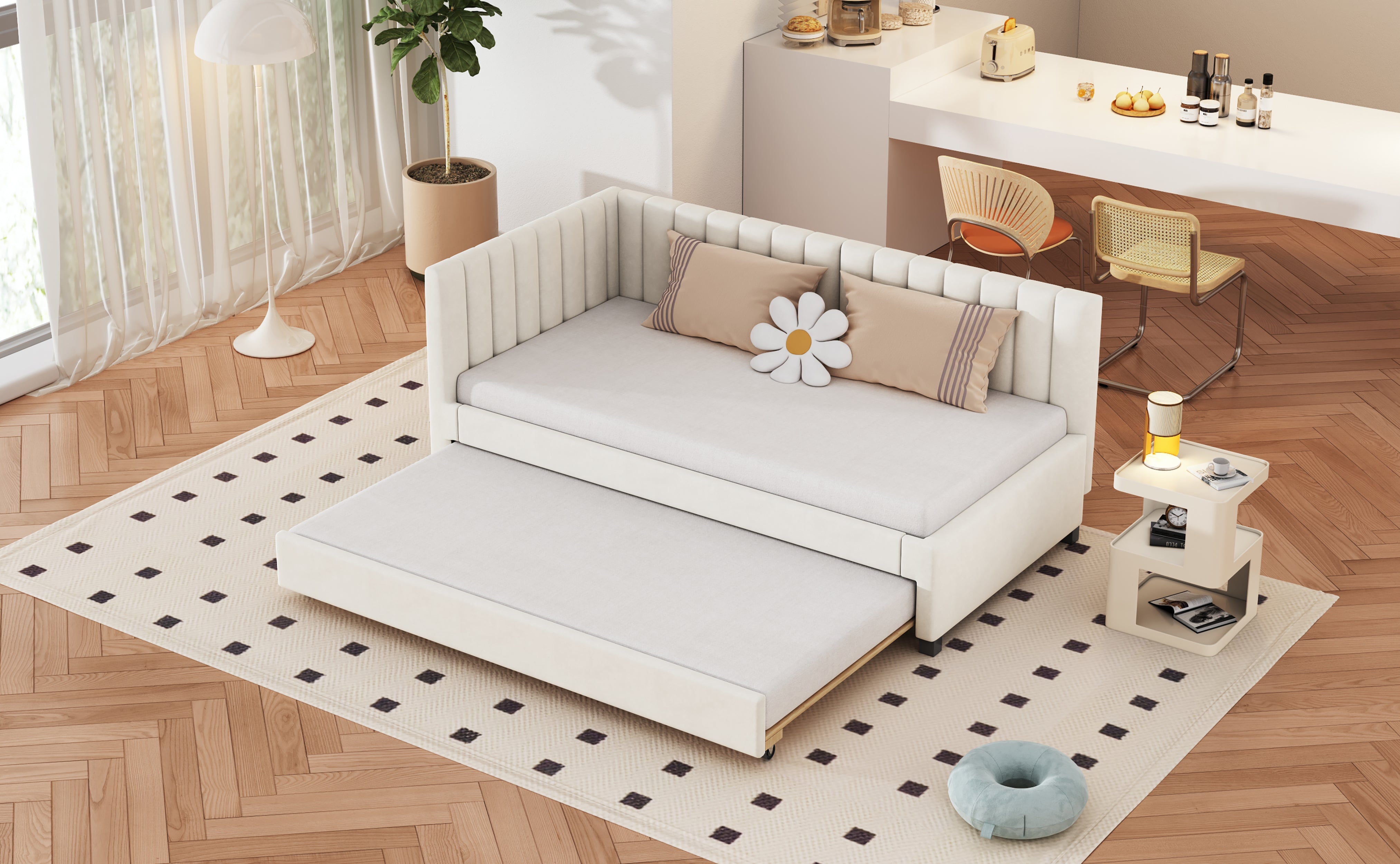 Logidon gestoffeerd bed 90x200 beige fluwelen stof uitschuifbare slaapbank