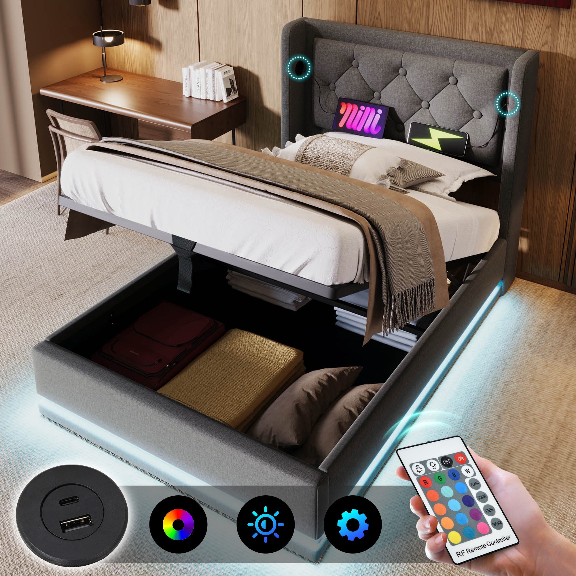 Logidon gestoffeerd bed 90x200 cm grijs met opbergruimte USB C oplaadfunctie LED