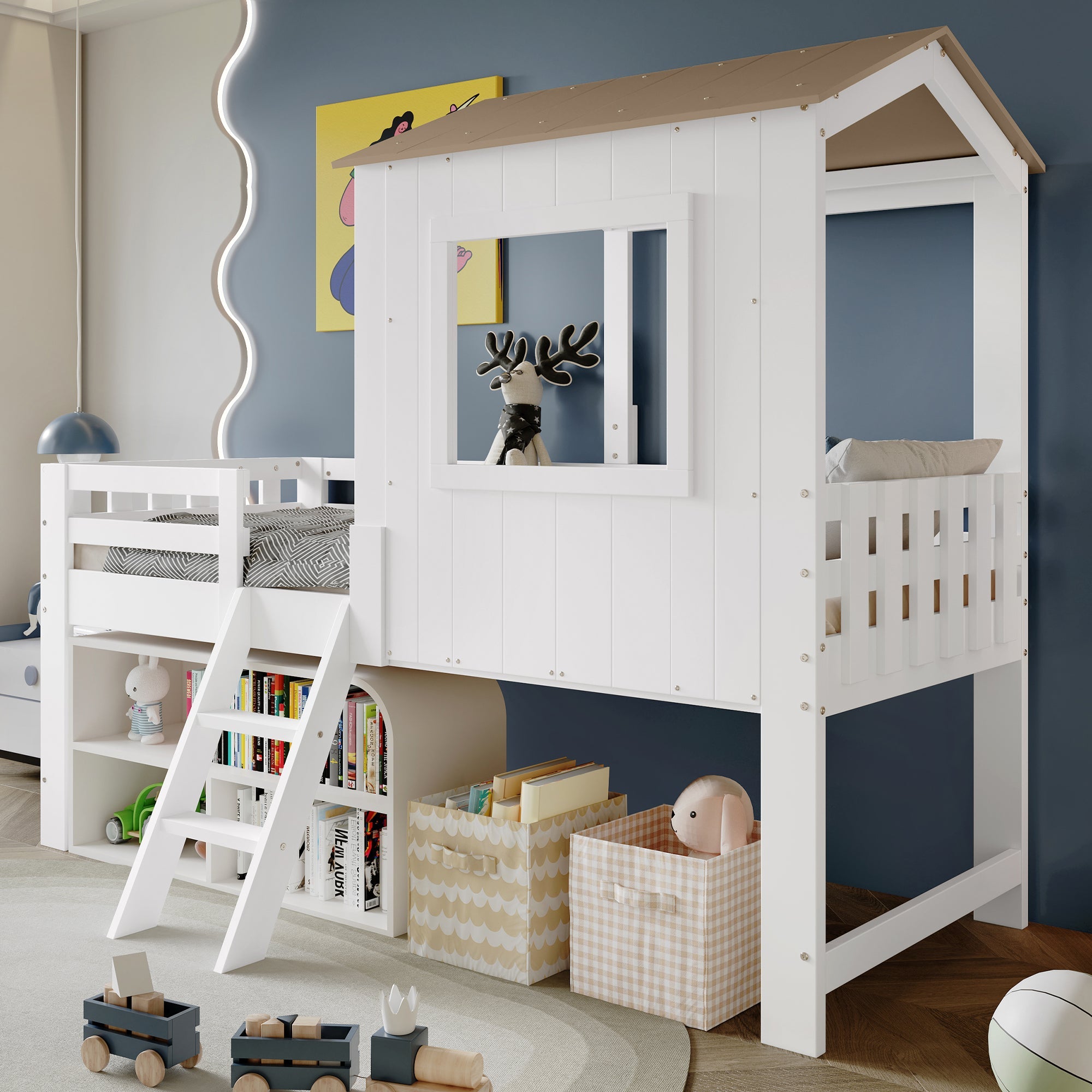 Logidon kinderbed halfhoogslaper met dakraam 90x200 wit naturel