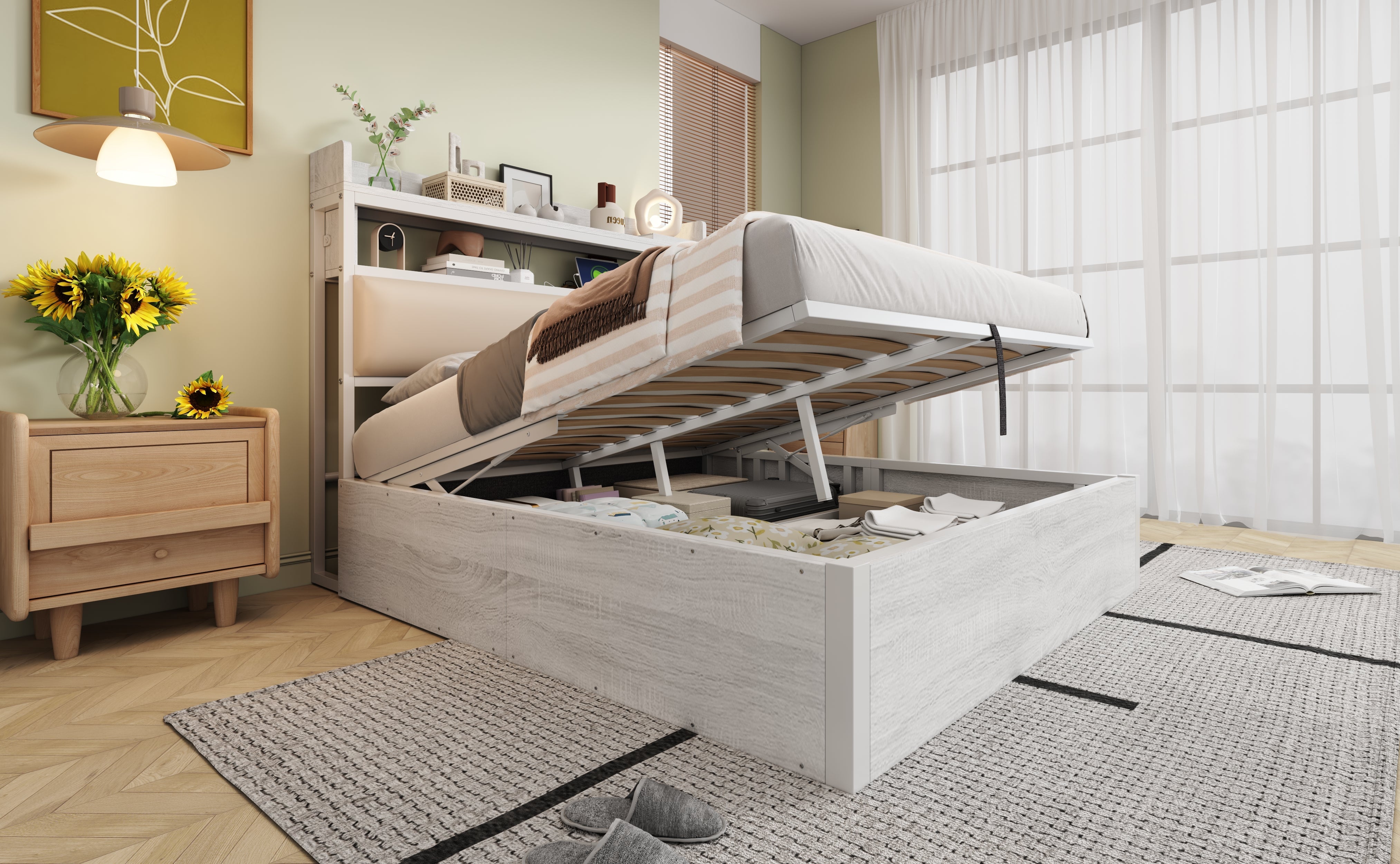 Logidon bedframe 140x200 cm met hydraulische opbergruimte USB hoofdbord wit