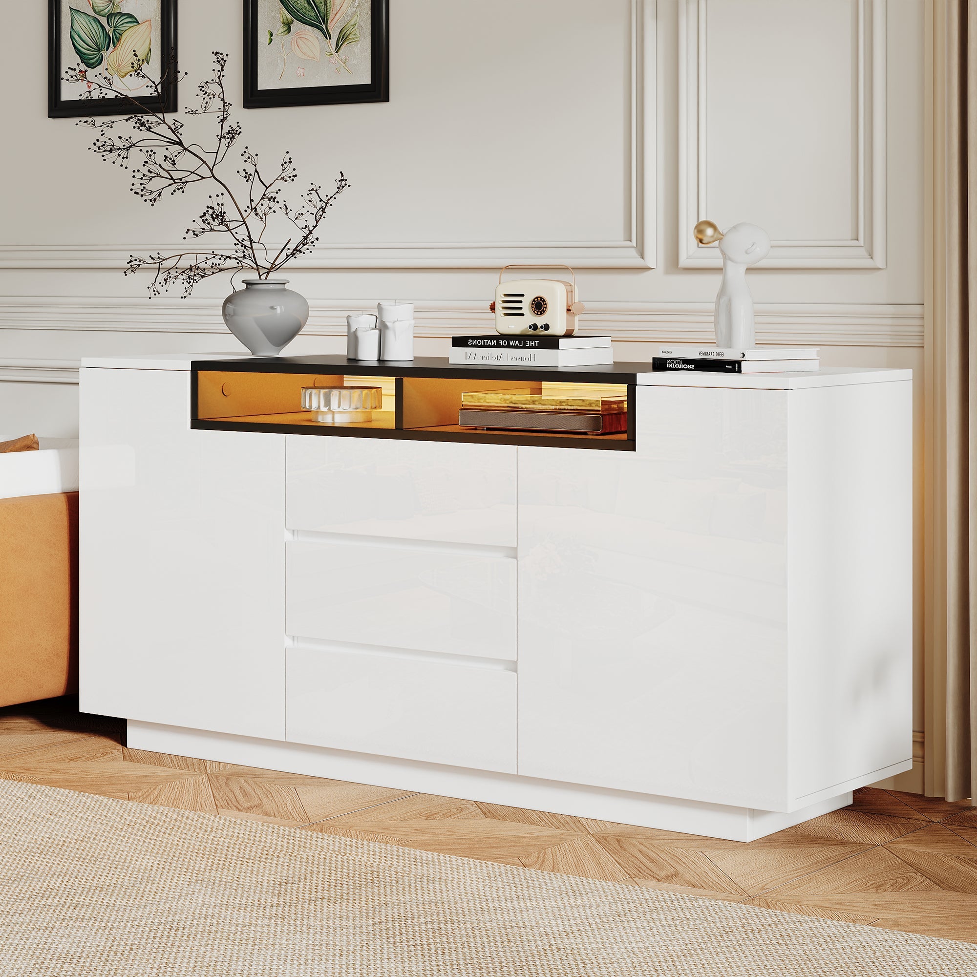 Logidon wit hoogglans dressoir 140 cm met LED, 2 deuren, 3 lades