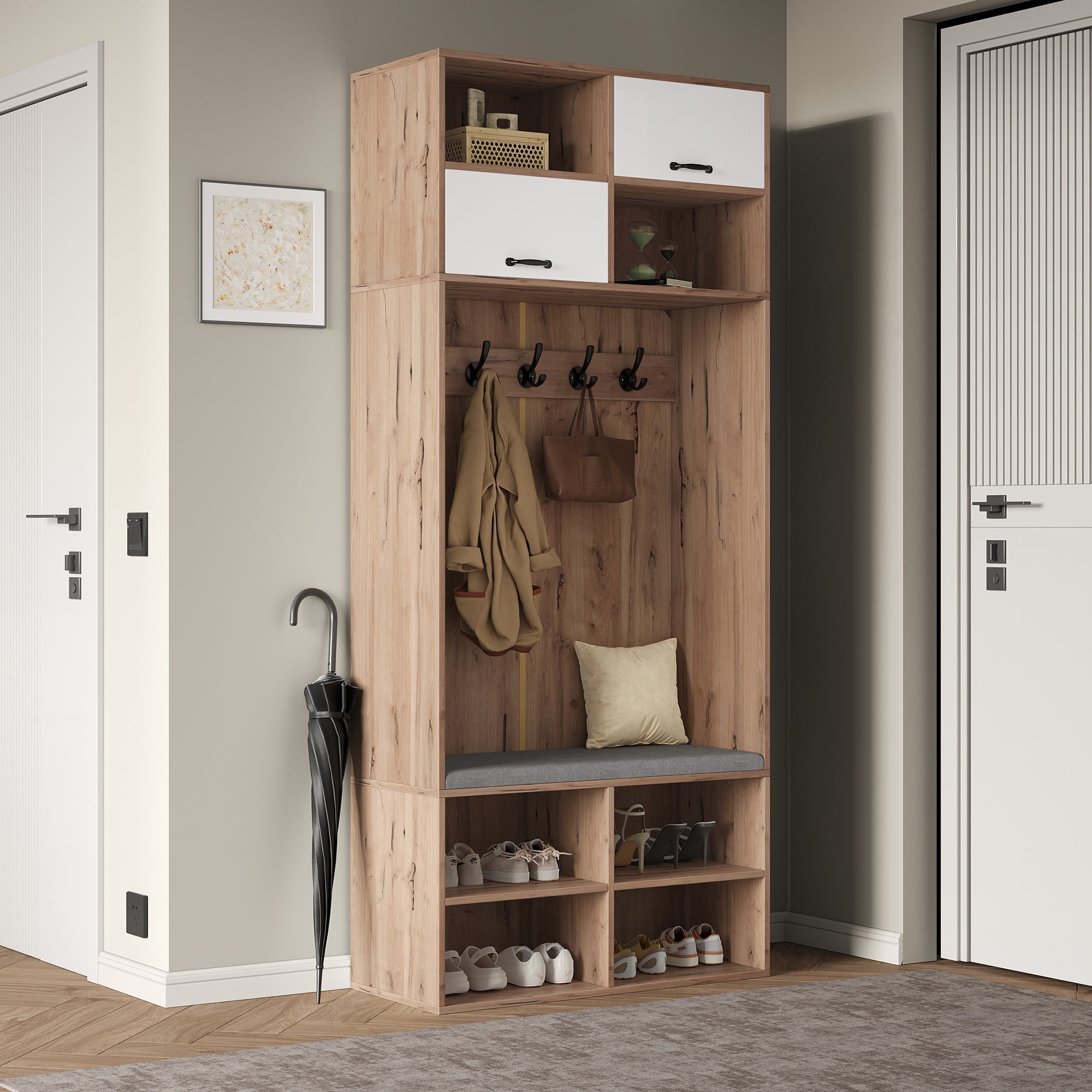 Logidon garderobekast met bank en 5 haken naturel wit 80x35x185cm