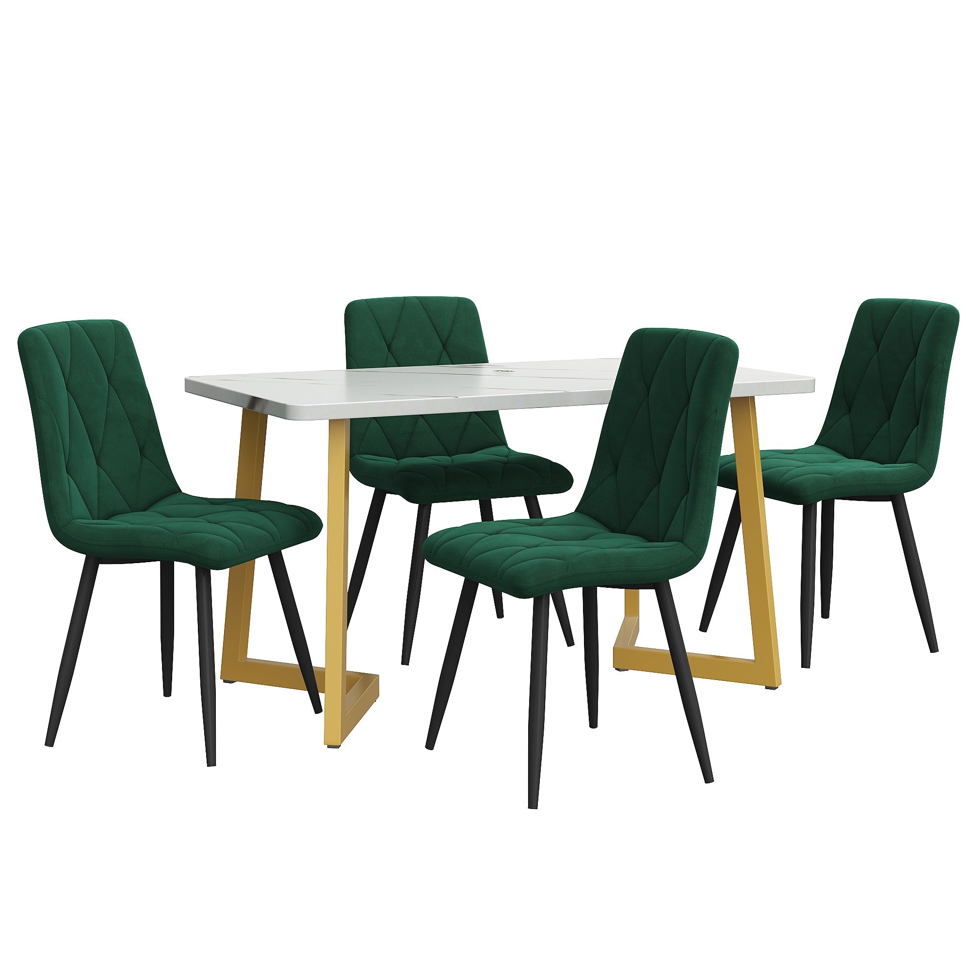 Logidon eetgroep 117x68 cm met donkergroene fluwelen stoelen en gouden tafelpoten