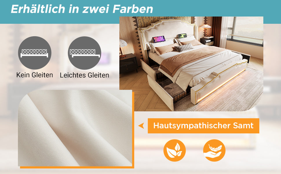 Logidon gestoffeerd bed 140x200 beige LED USB C 4 lades met matras