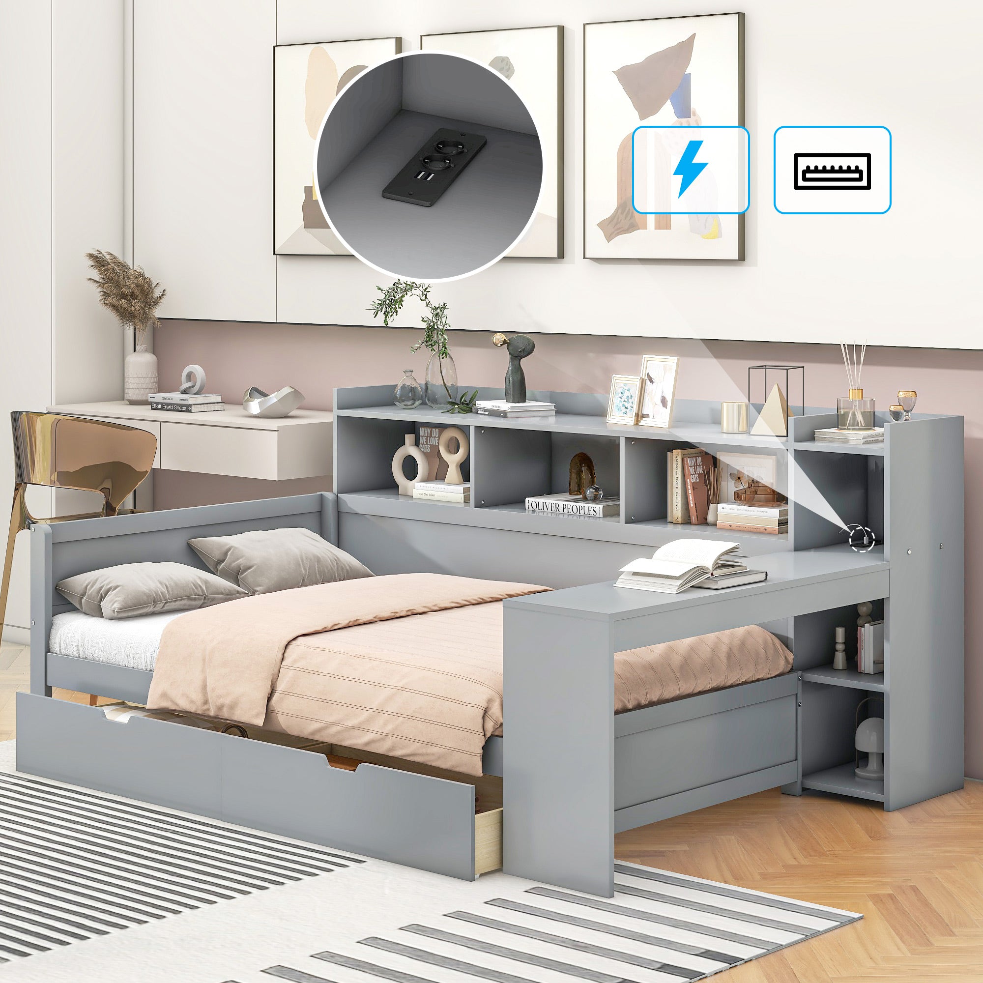 Logidon sofa bed 90x200 gray USB port 2 drawers