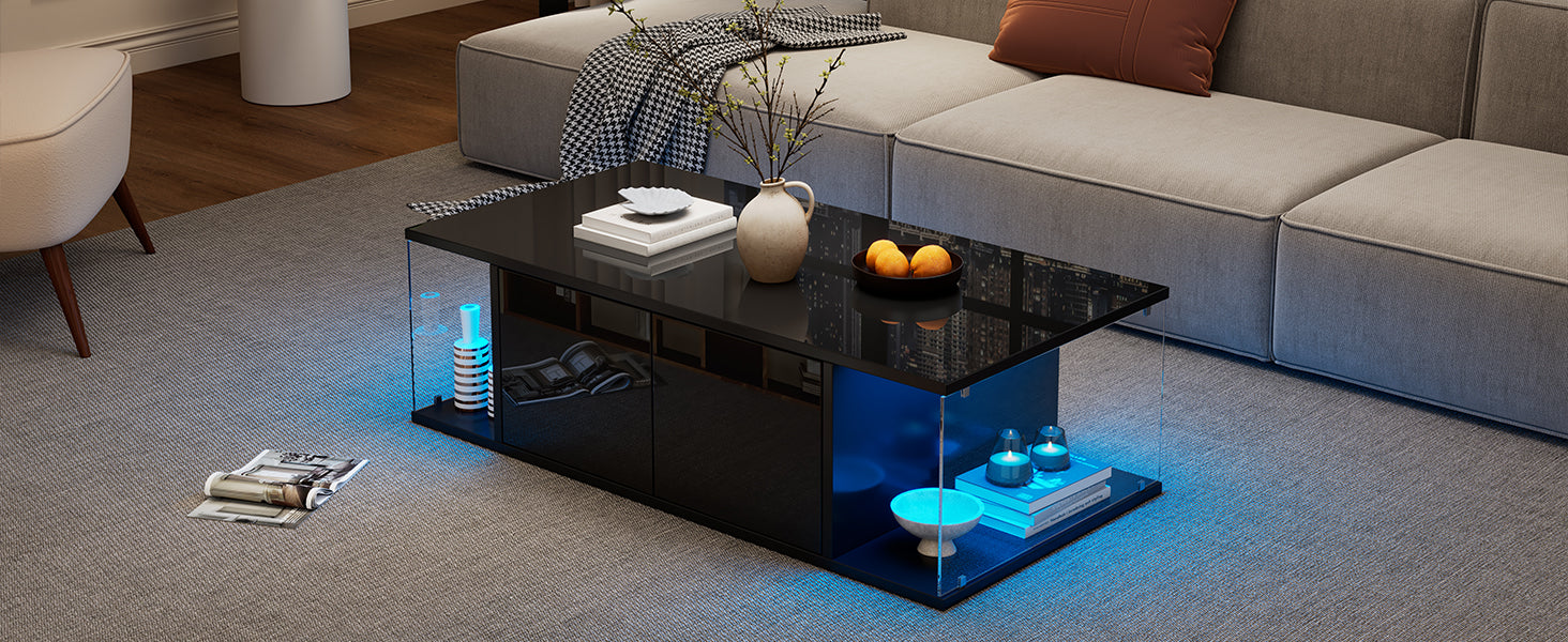 Logidon salontafel 100x50x30 cm zwart hoogglans LED 2 kasten