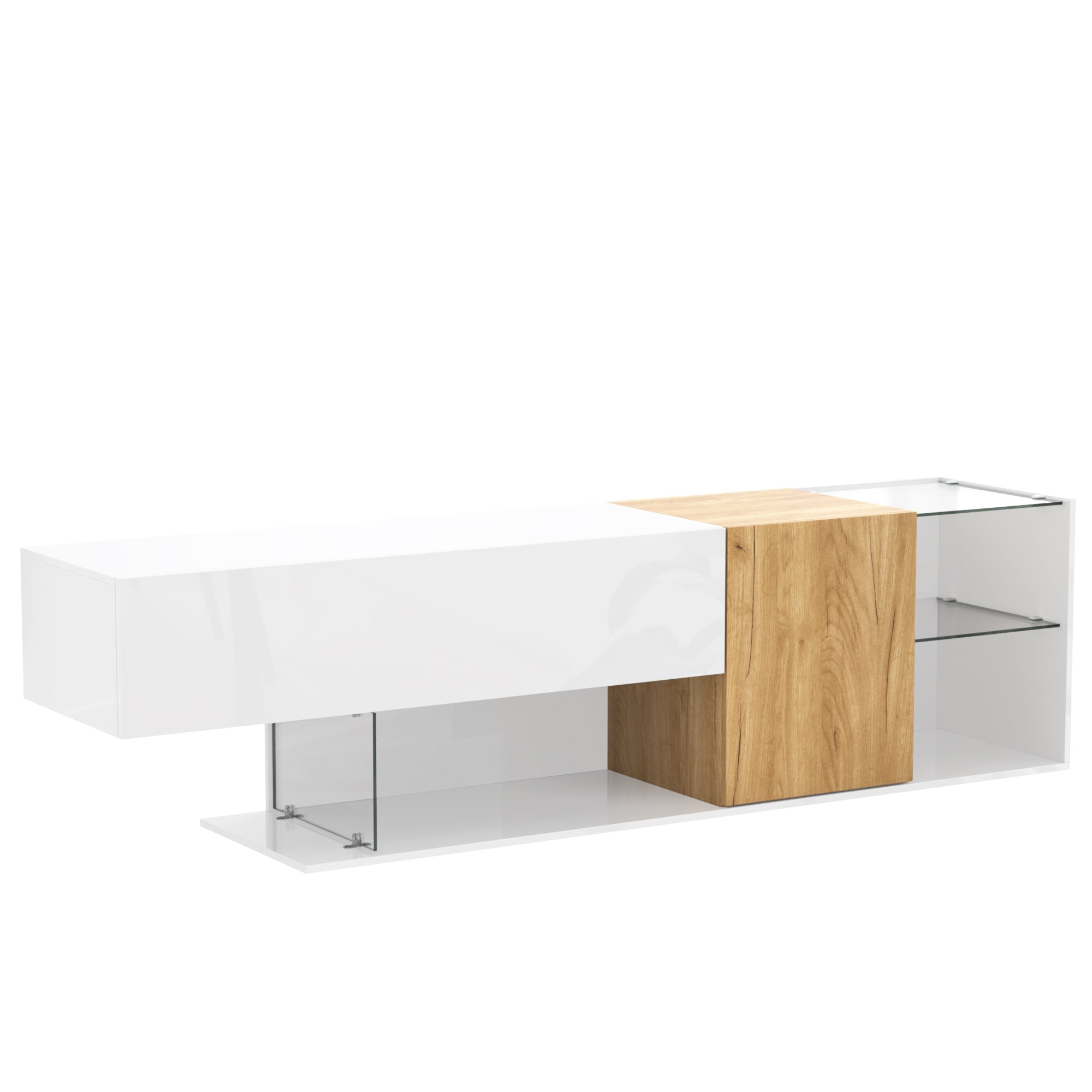Logidon Modern TV-dressoir Wit Hoogglans Houtlook Glazen Planken 180cm