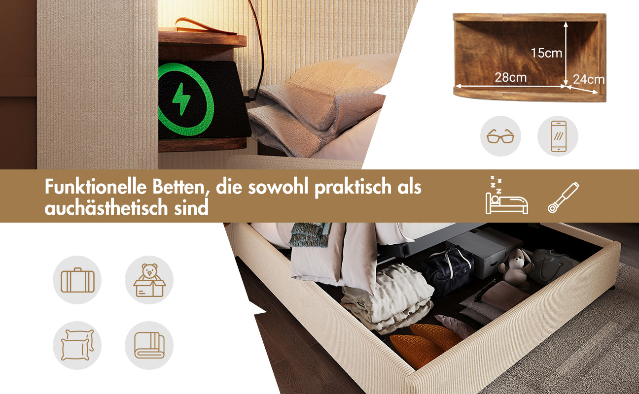 Logidon gestoffeerd bed 180x200 tweepersoonsbed beige-wit corduroy opbergruimte