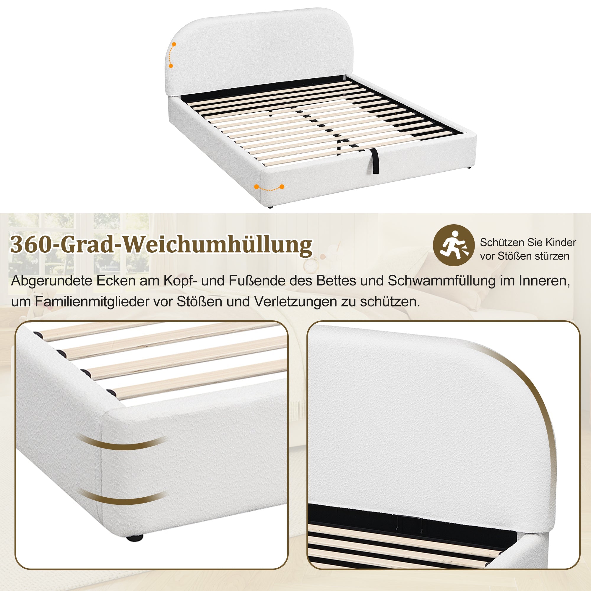 Logidon gestoffeerd bed 180x200 beige bouclé met opbergruimte hydraulische lift