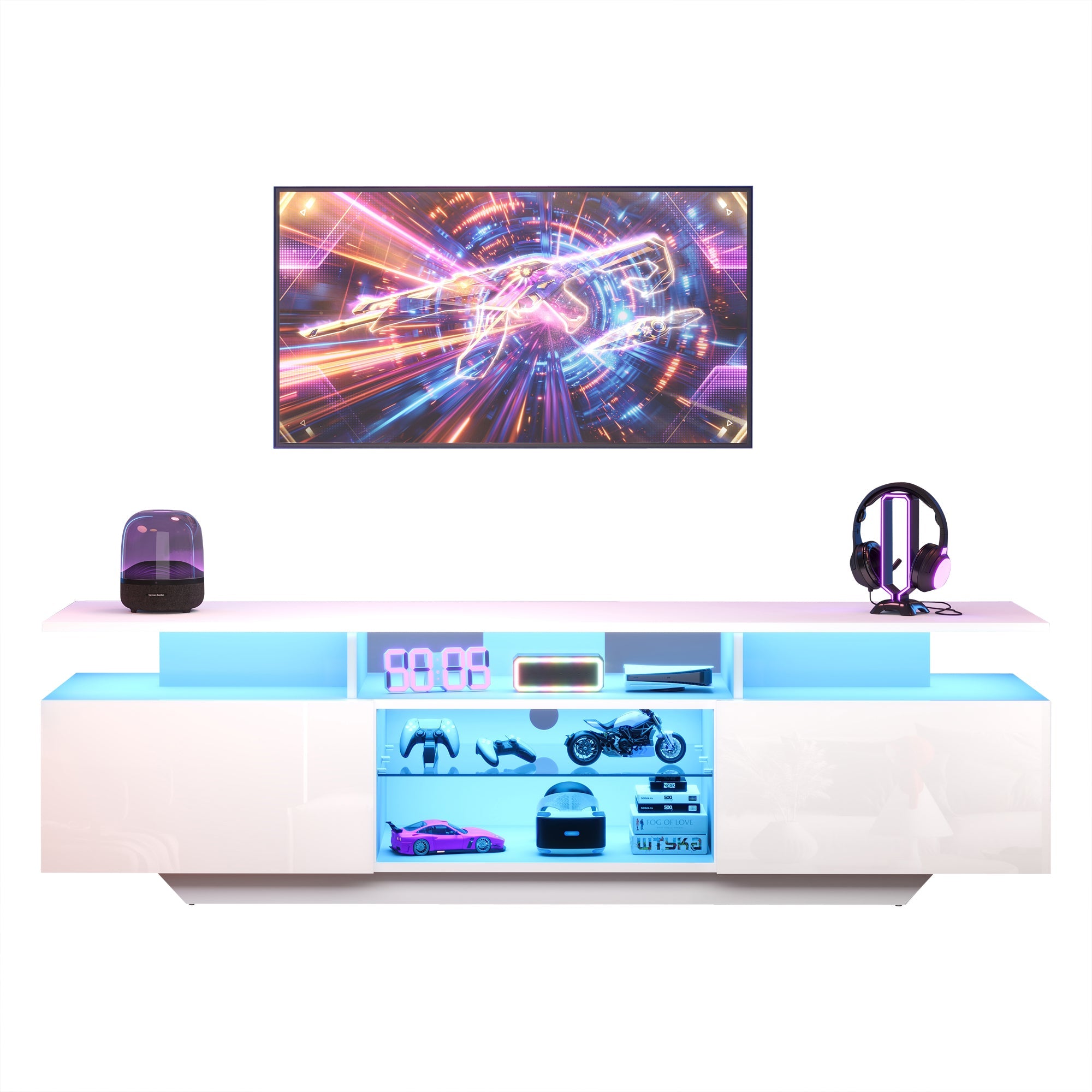 Logidon TV-meubel hoogglans wit 160 x 40 x 45 cm met LED lichtstrip glasplanken