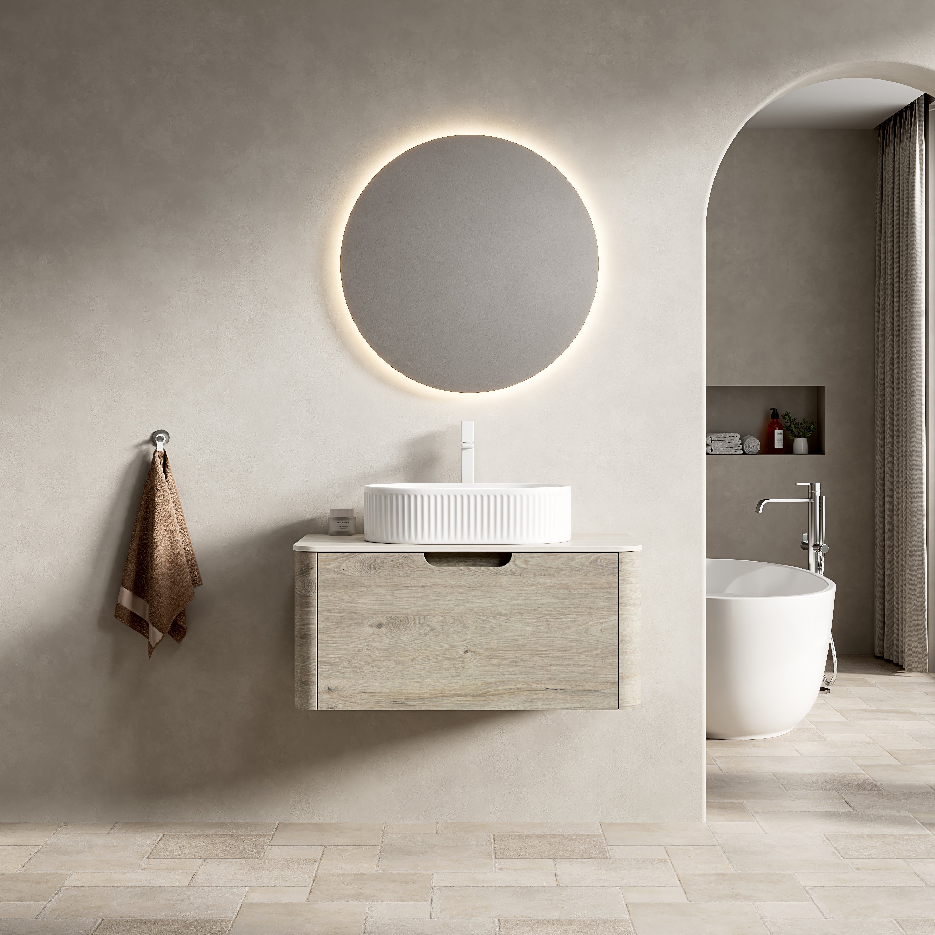 Logidon 80 cm floating bathroom furniture with travertine sintered stone top