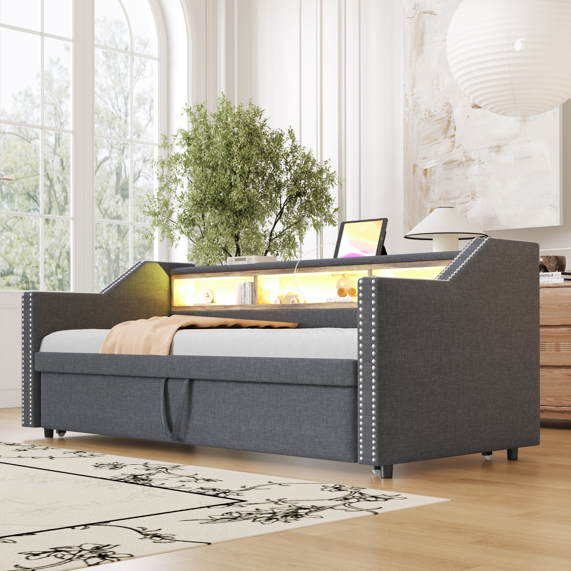 Logidon uitschuifbare slaapbank 90/180x190 cm donkergrijs LED USB