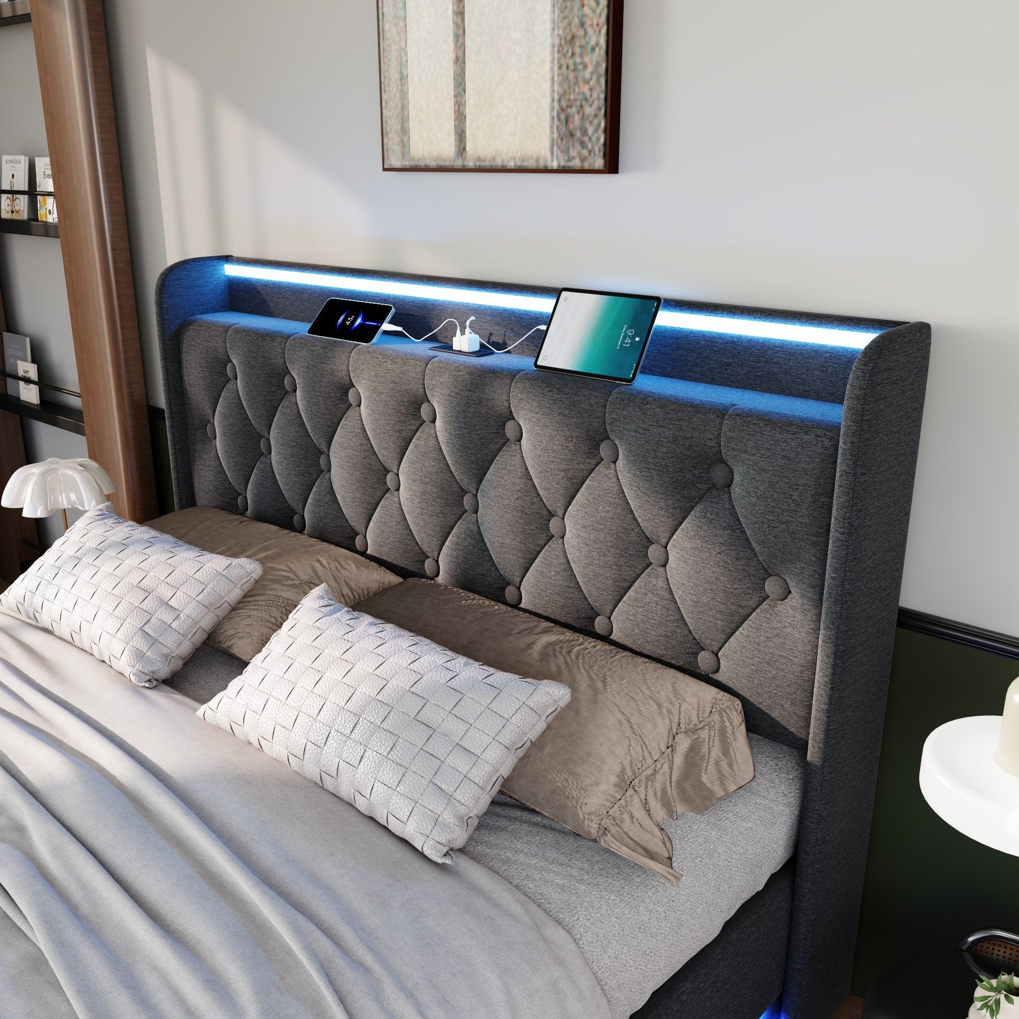 Logidon gestoffeerd bed tweepersoonsbed 180x200 cm grijs linnen LED-verlichting USB C