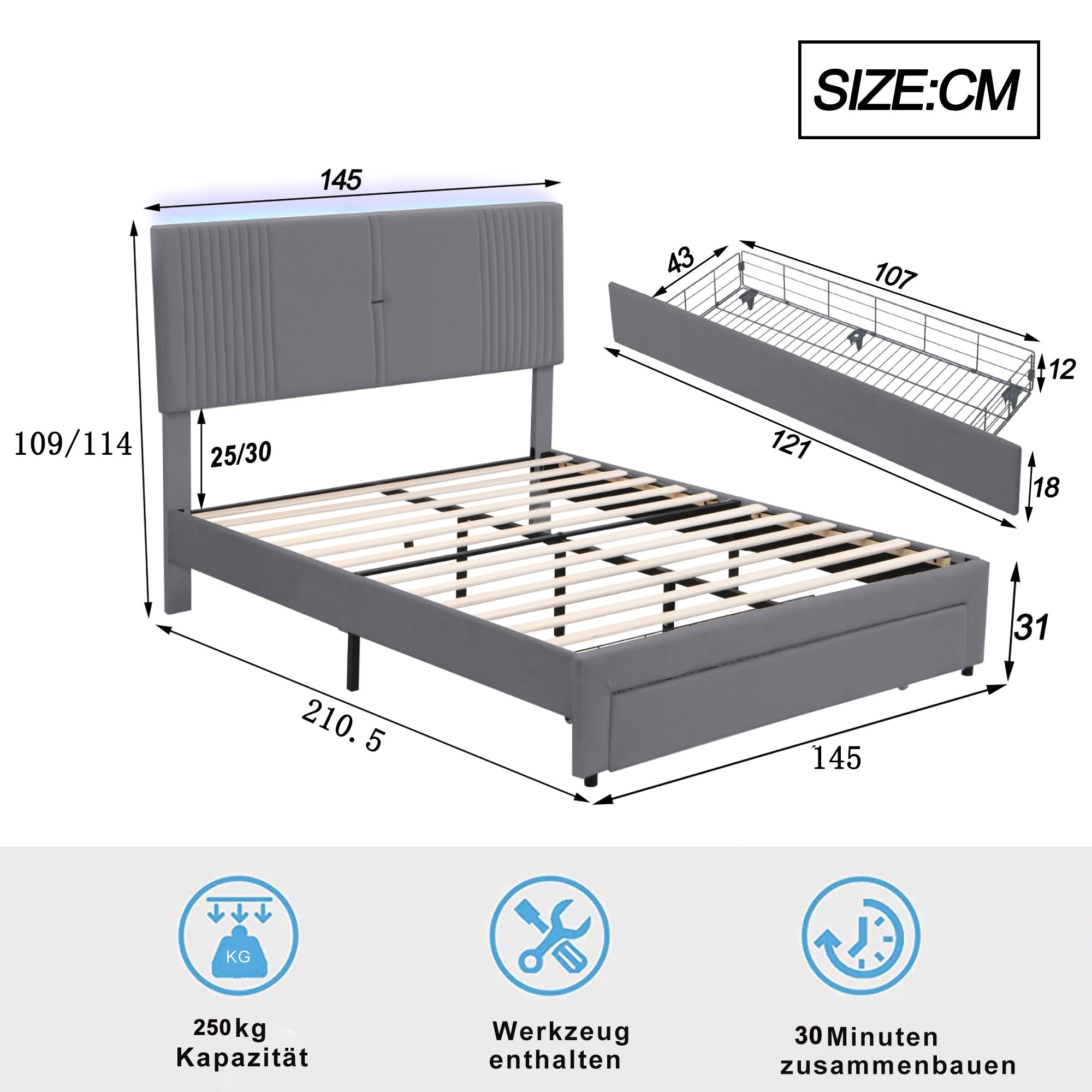 Logidon gestoffeerd bed 140x200 cm met LED lichtstrip USB aansluiting grijs