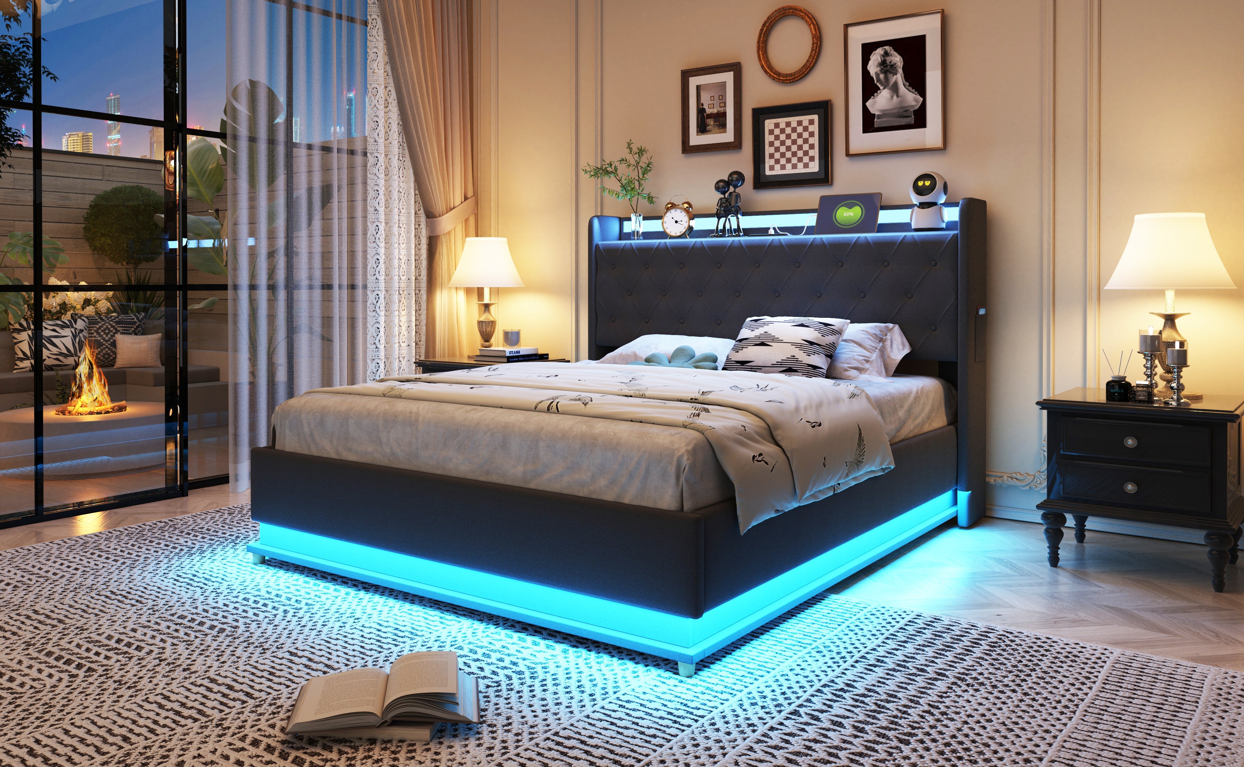 Logidon LED gestoffeerd bed 140x200 grijs met USB-oplaadpoort opbergruimte