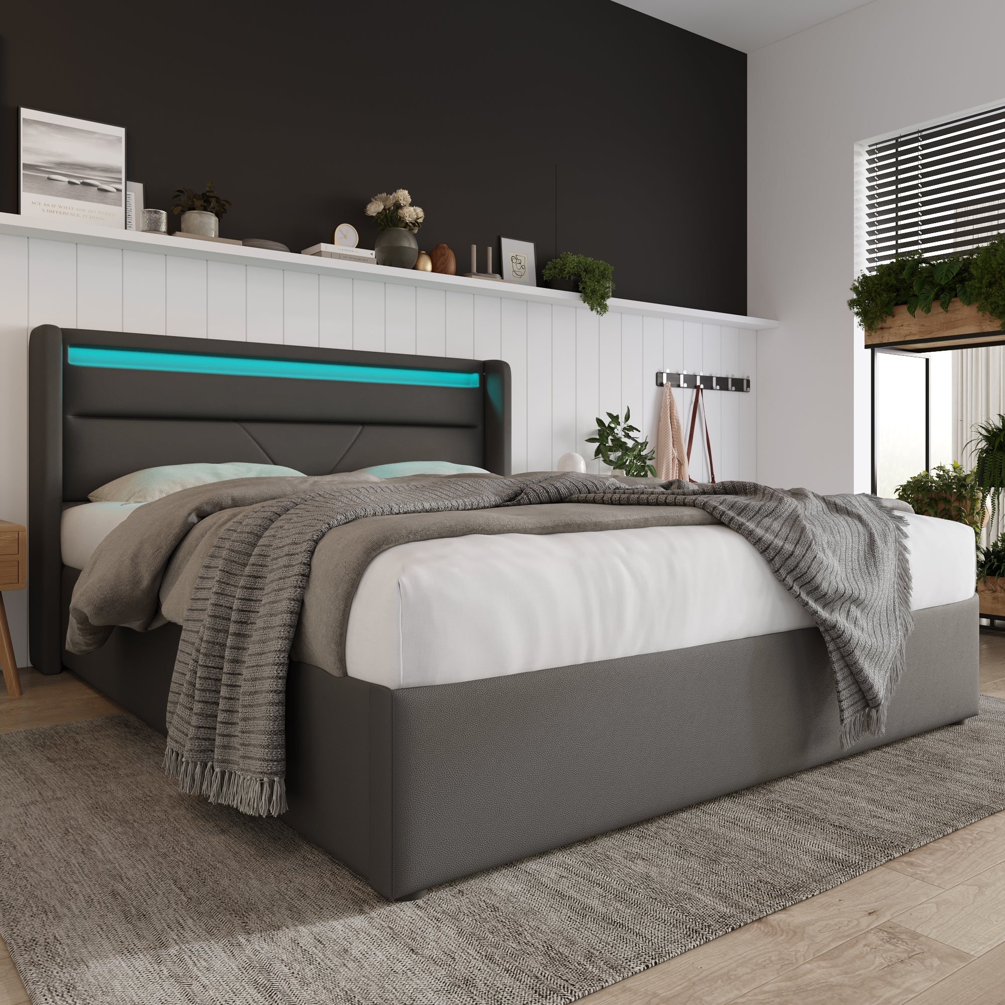 Logidon hydraulisch opbergbed 160x200cm tweepersoonsbed grijs LED