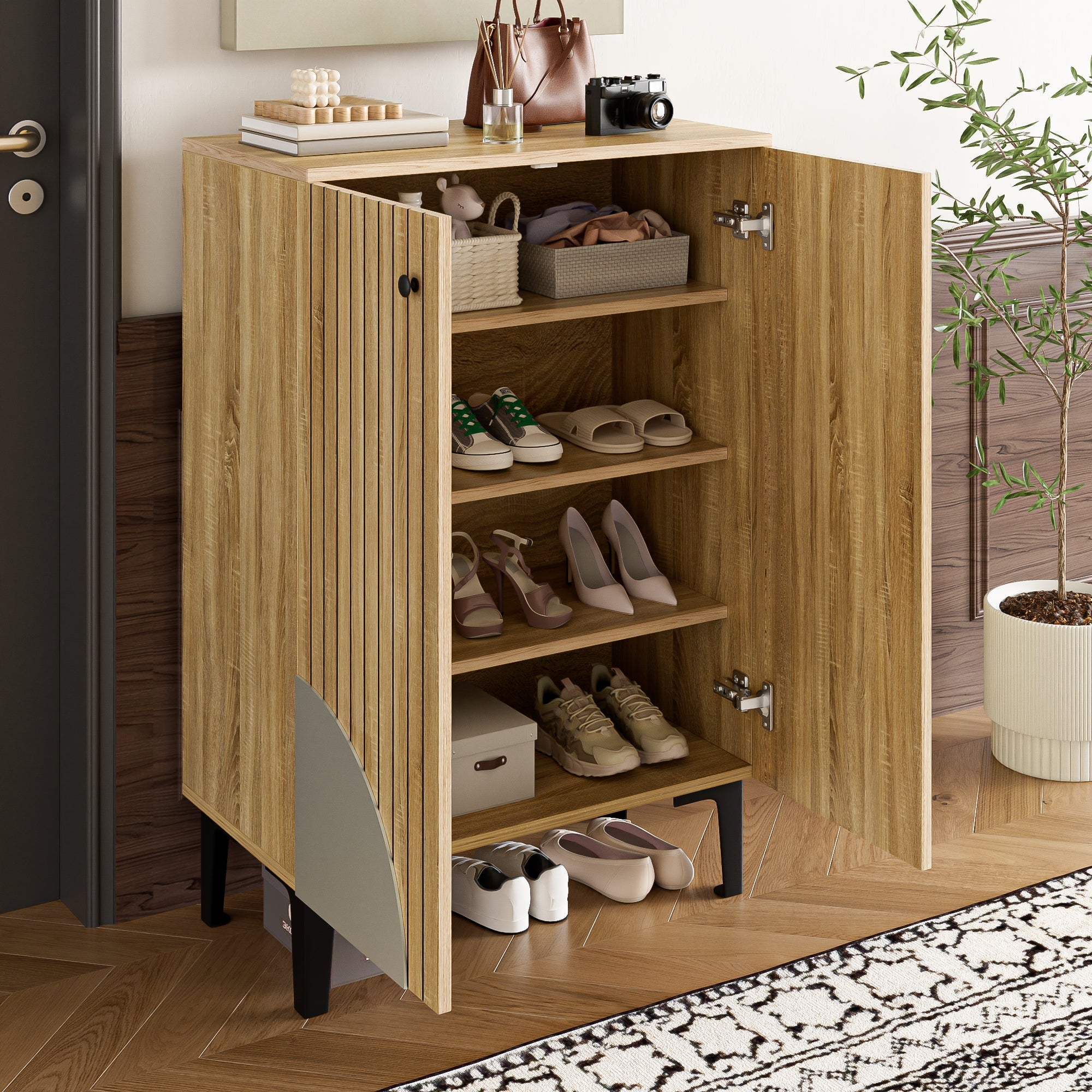 Logidon moderne schoenenkast van natuurlijk hout, ruimtebesparende organizer