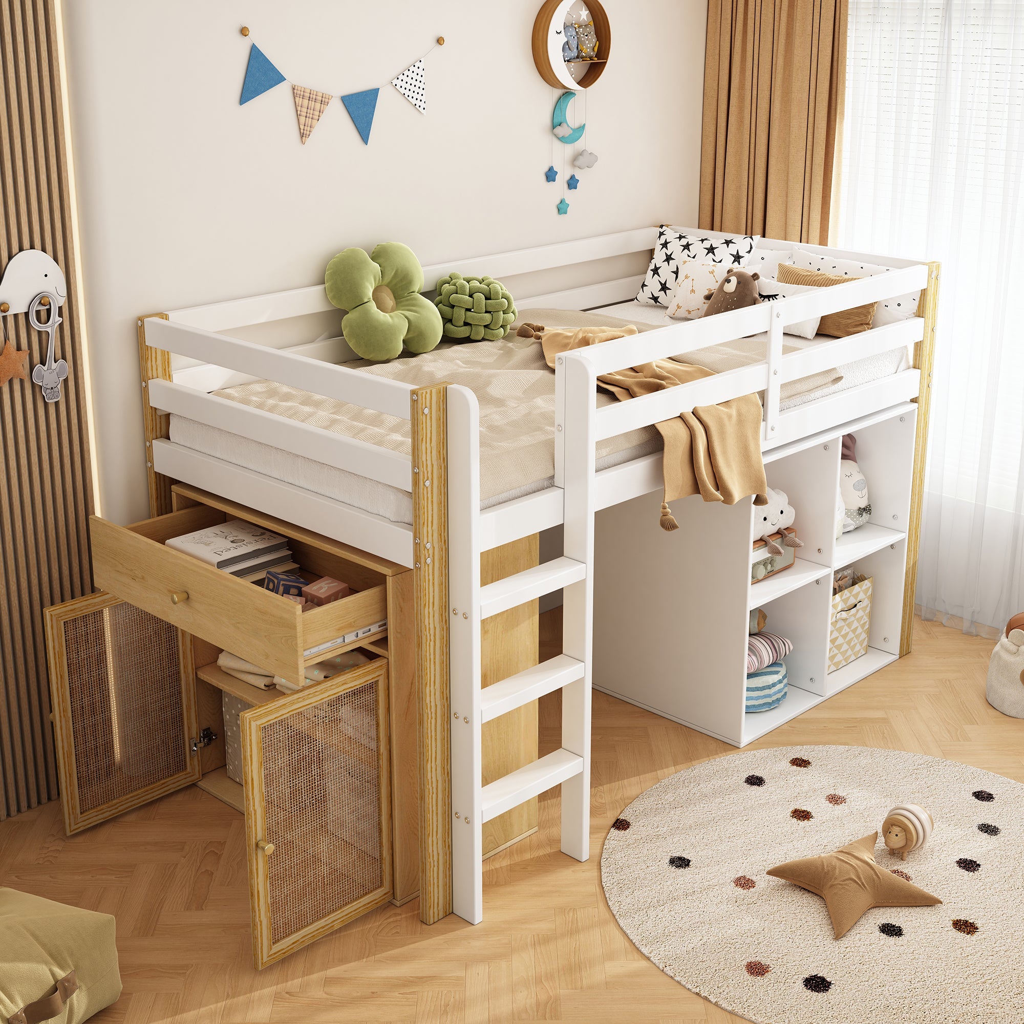 Logidon kinderhoogslaper 90x200 cm naturel wit met opbergruimte