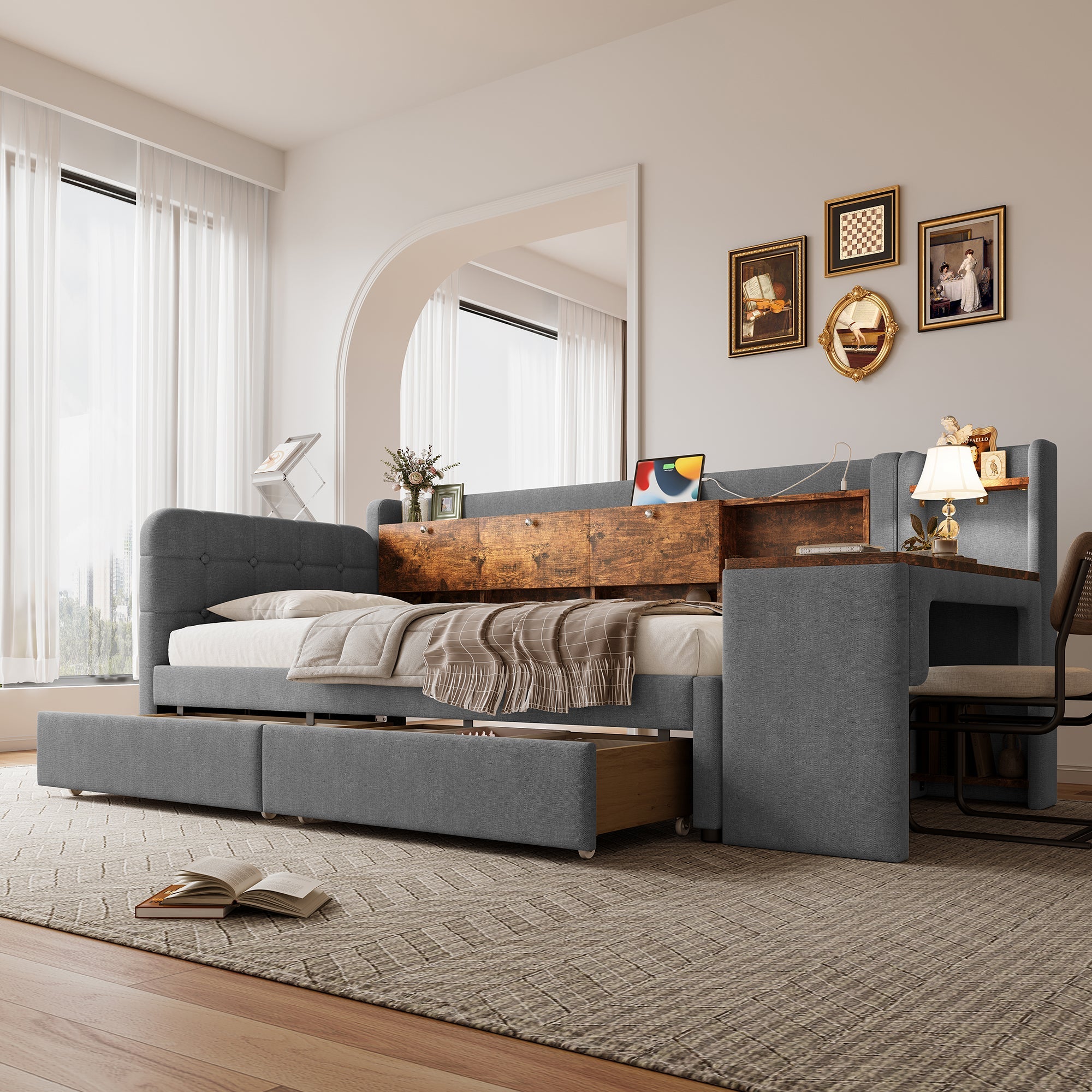 Logidon Daybed 90x200 cm slaapbank met bureau grijs USB Type C