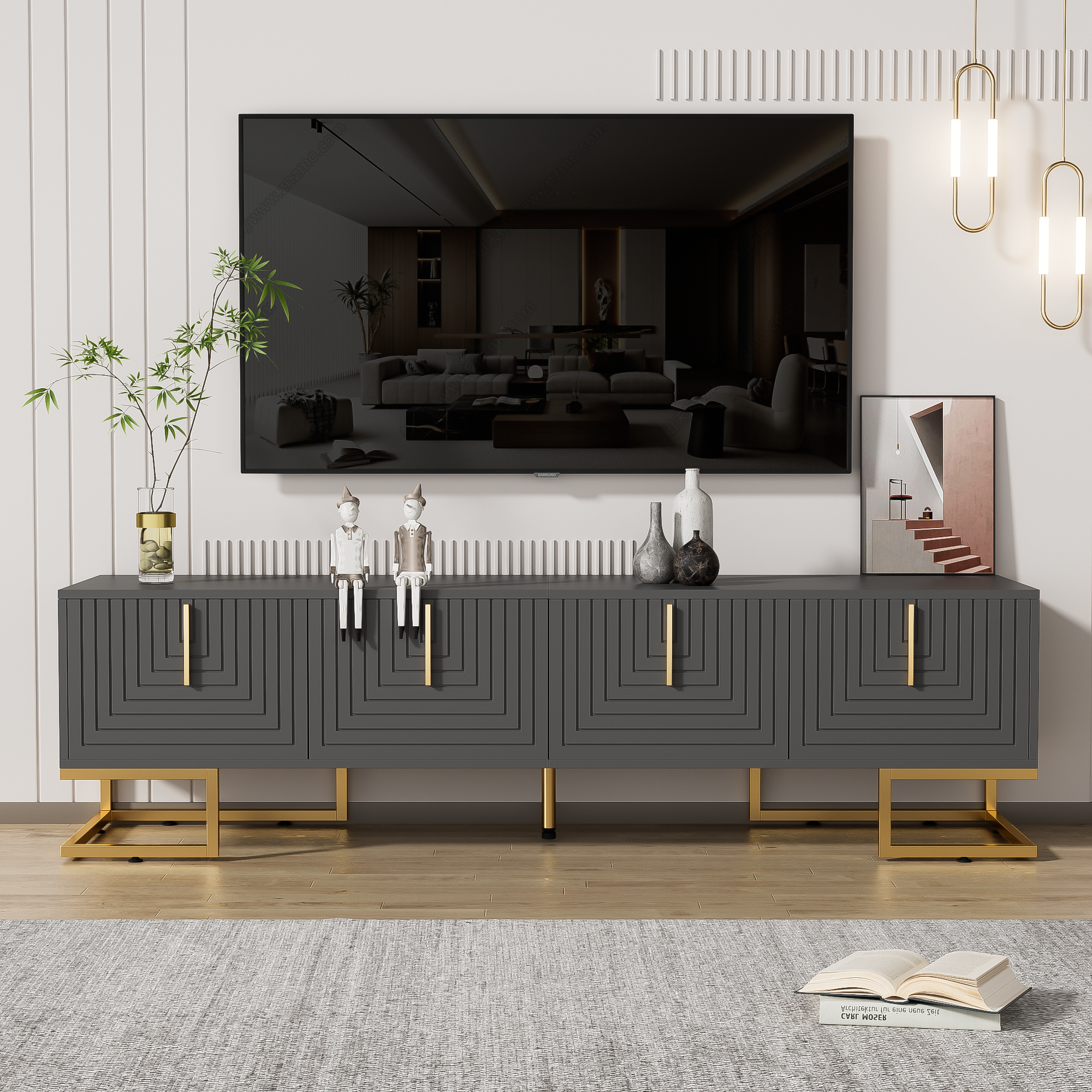 Logidon TV-meubel 170 cm Grijs Zwart met Gouden Accenten en Lades