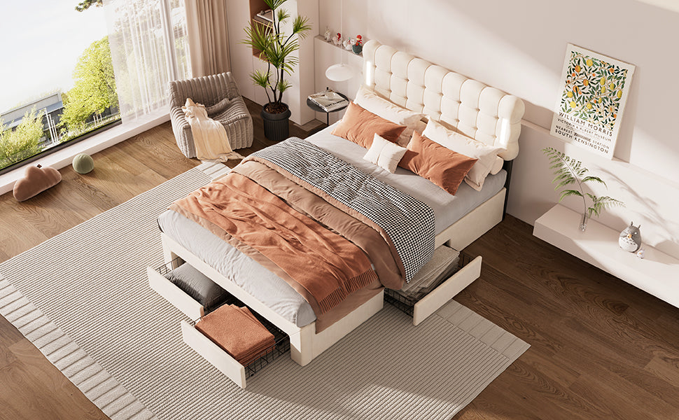 Logidon Flat Bed 140x200 Beige Velvet With Lighting And 4 Drawers