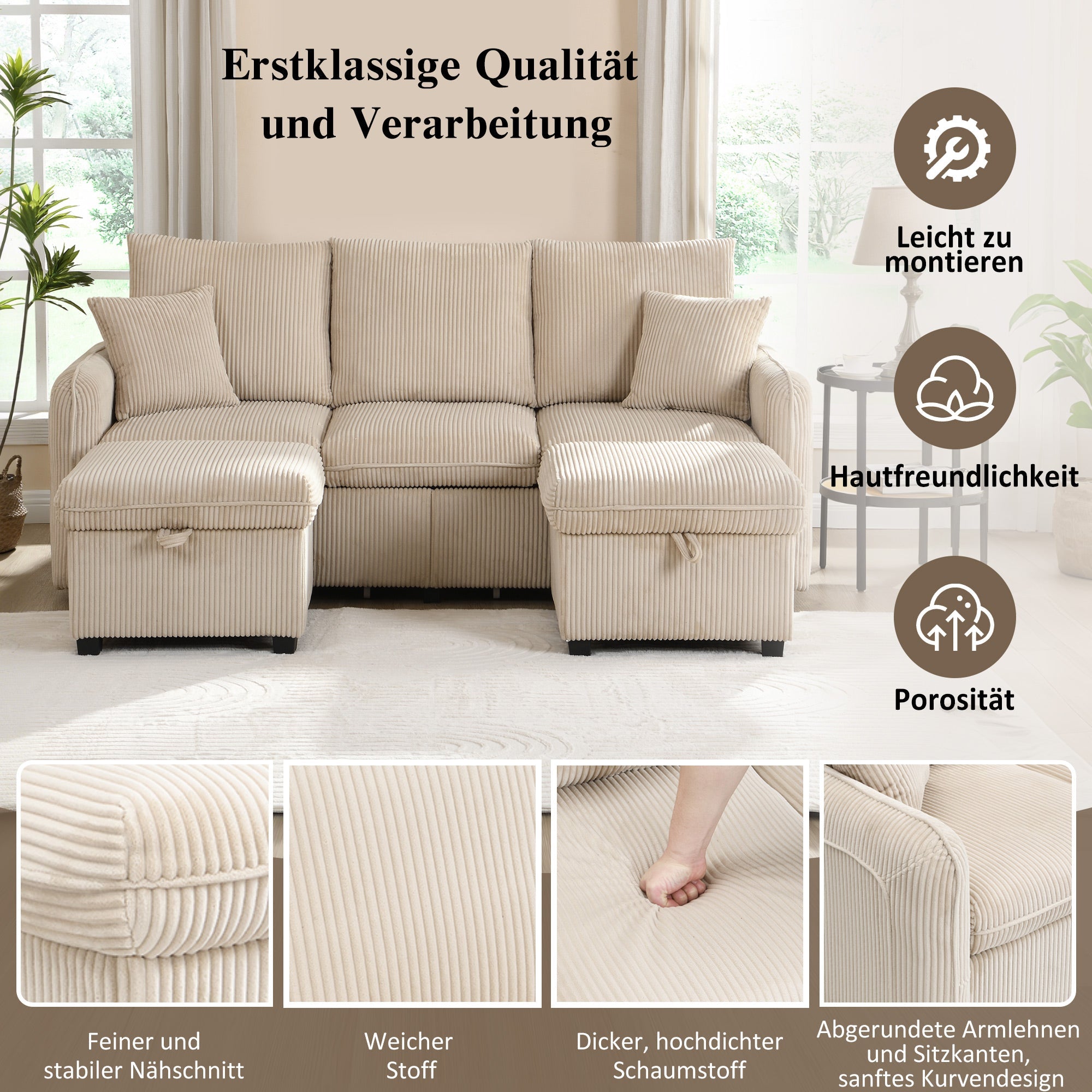 Logidon hoekbank U-vorm beige corduroy stof met opbergvak en slaapfunctie
