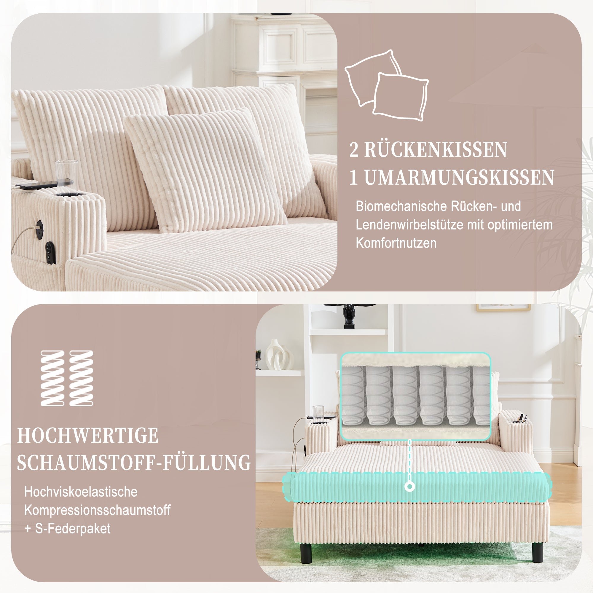 Logidon Chaise Longue Ligstoel Beige Fluweel Met USB LED-verlichting