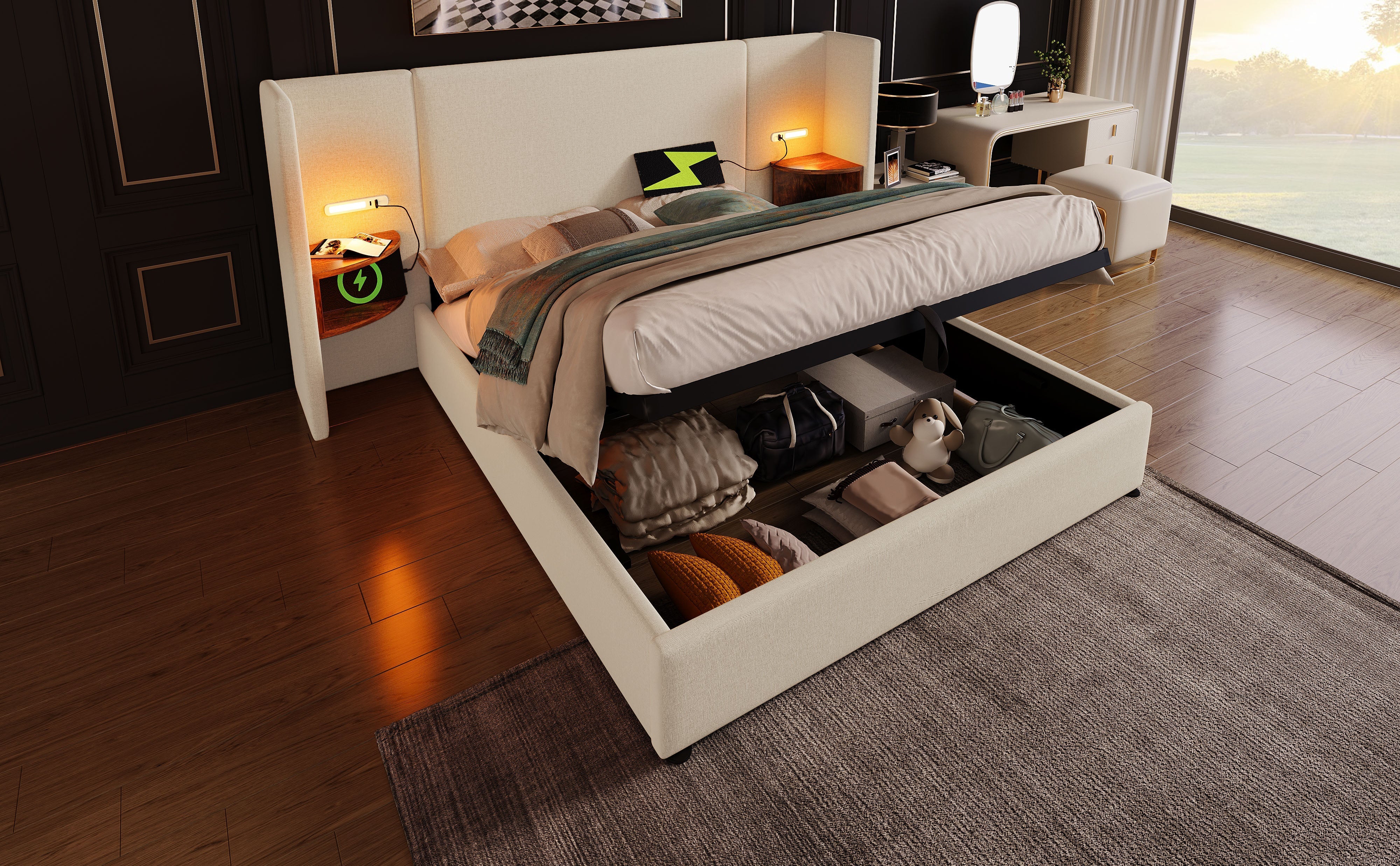 Logidon upholstered bed 160x200 double bed beige linen with storage space
