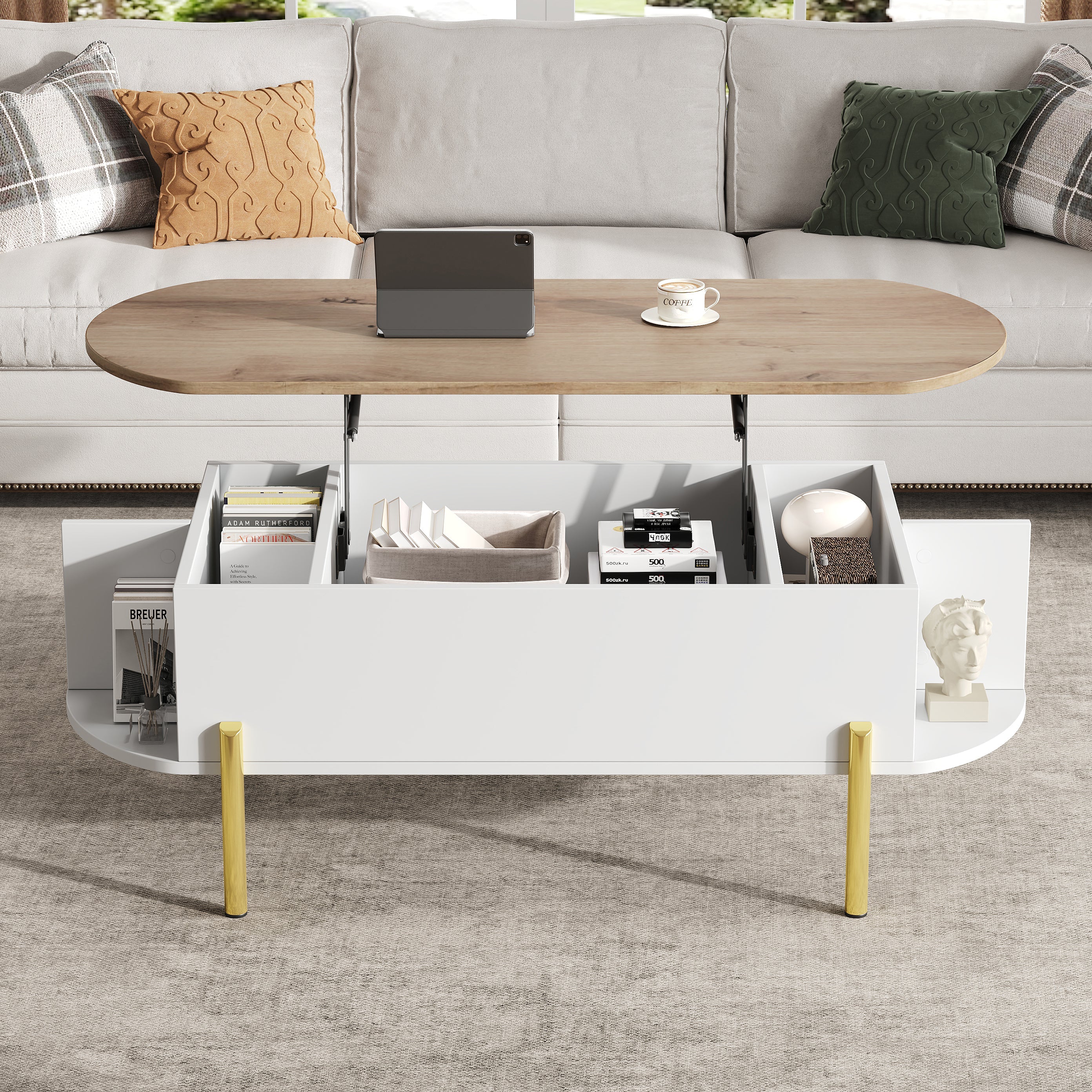 Logidon Verstelbare Salontafel 120x50x43 cm Met Opbergruimte Wit Hout