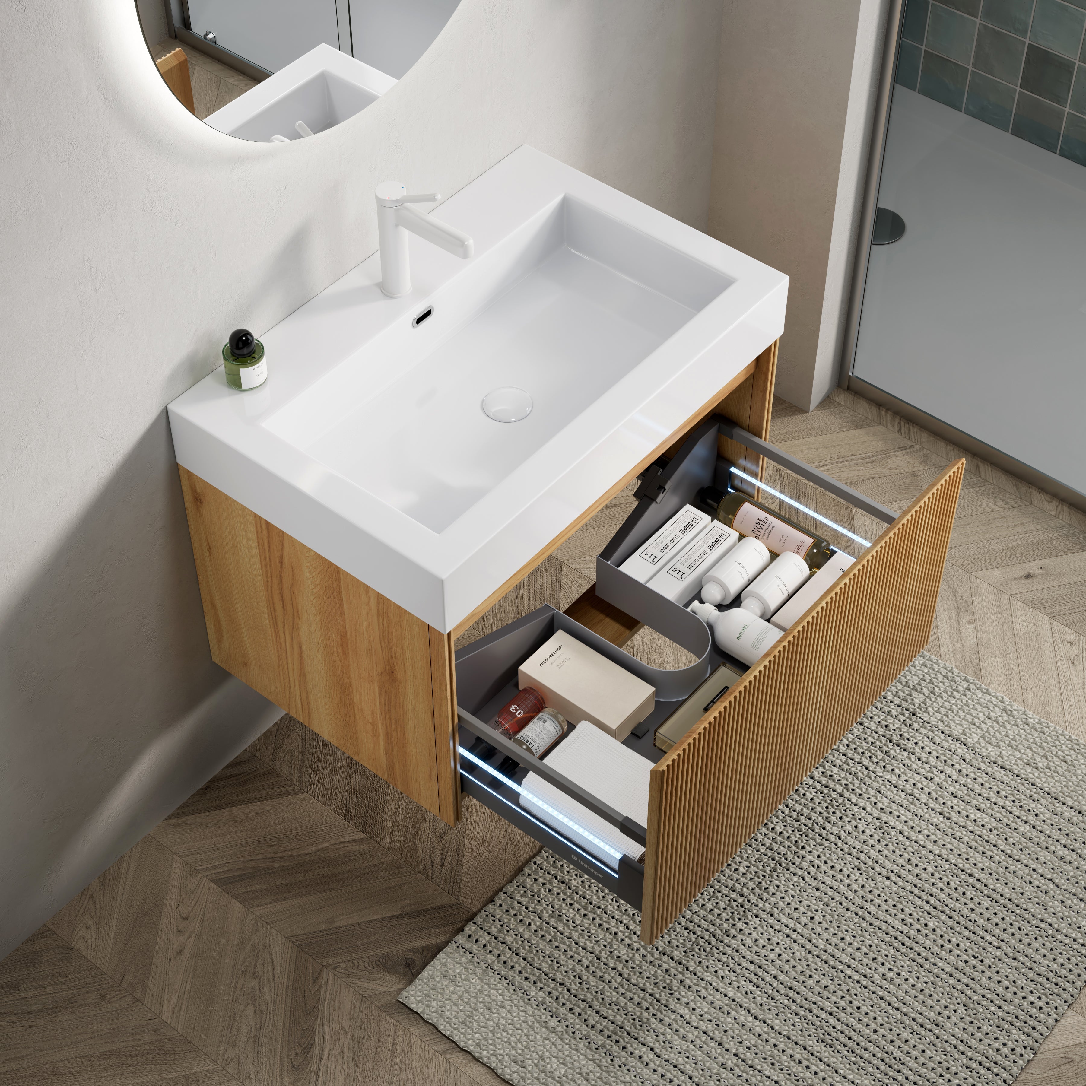 Logidon 70cm Wall Mounted Bathroom Vanity Unit With White Resin Basin