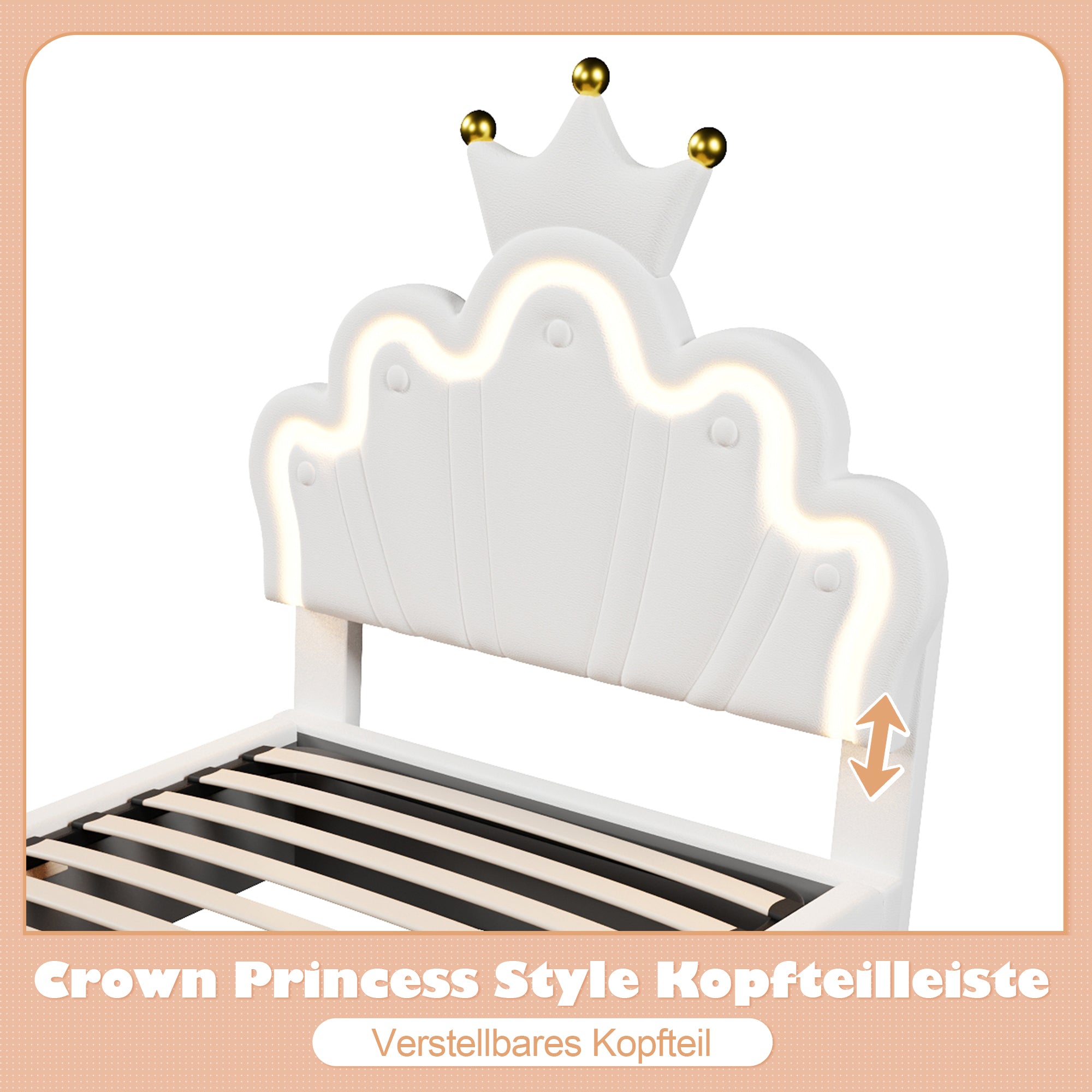 Logidon prinsessenbed 90x200 cm wit kunstleer LED-verlichting
