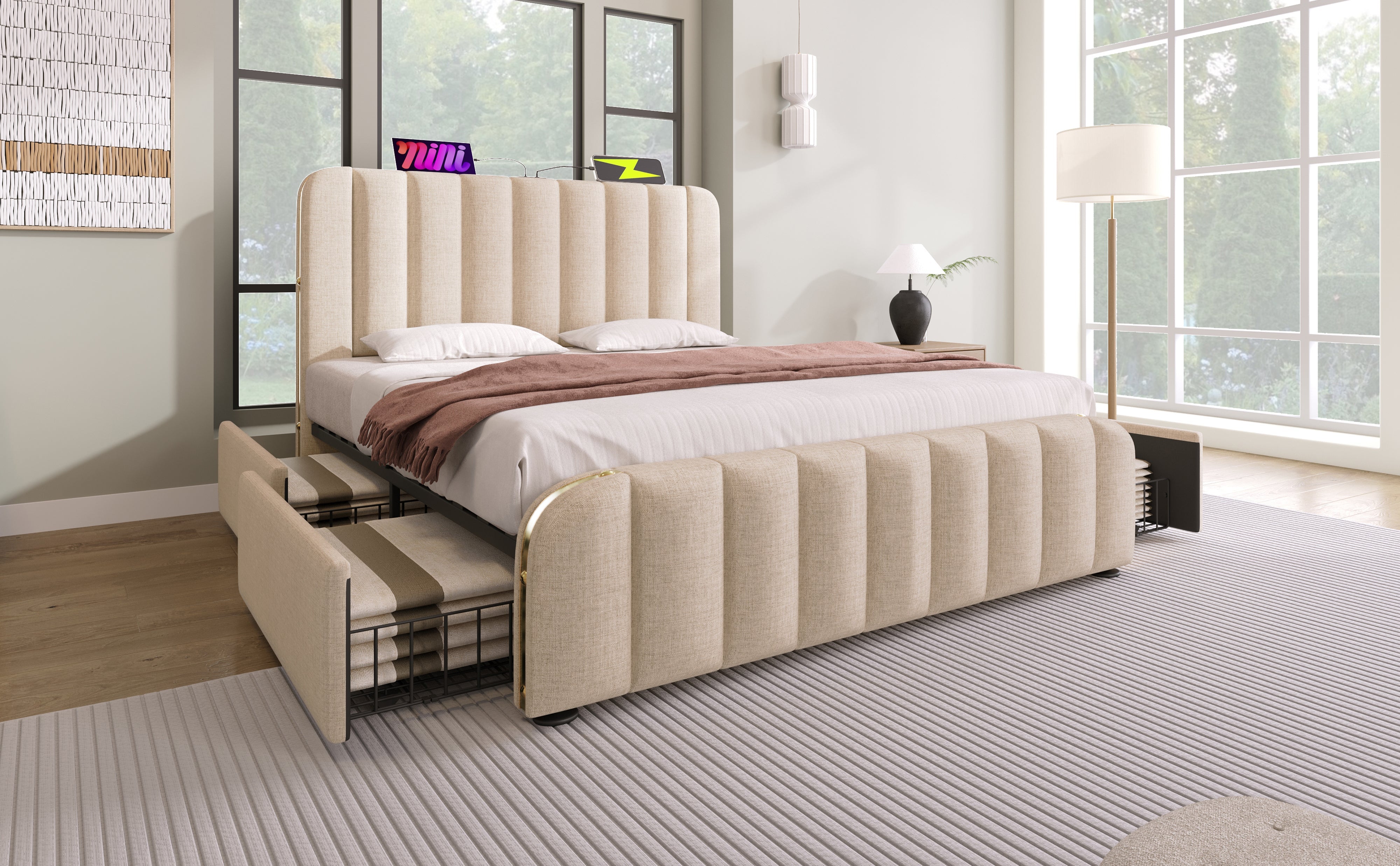 Logidon gestoffeerd bed 160x200 beige met USB oplaadfunctie en 4 lades