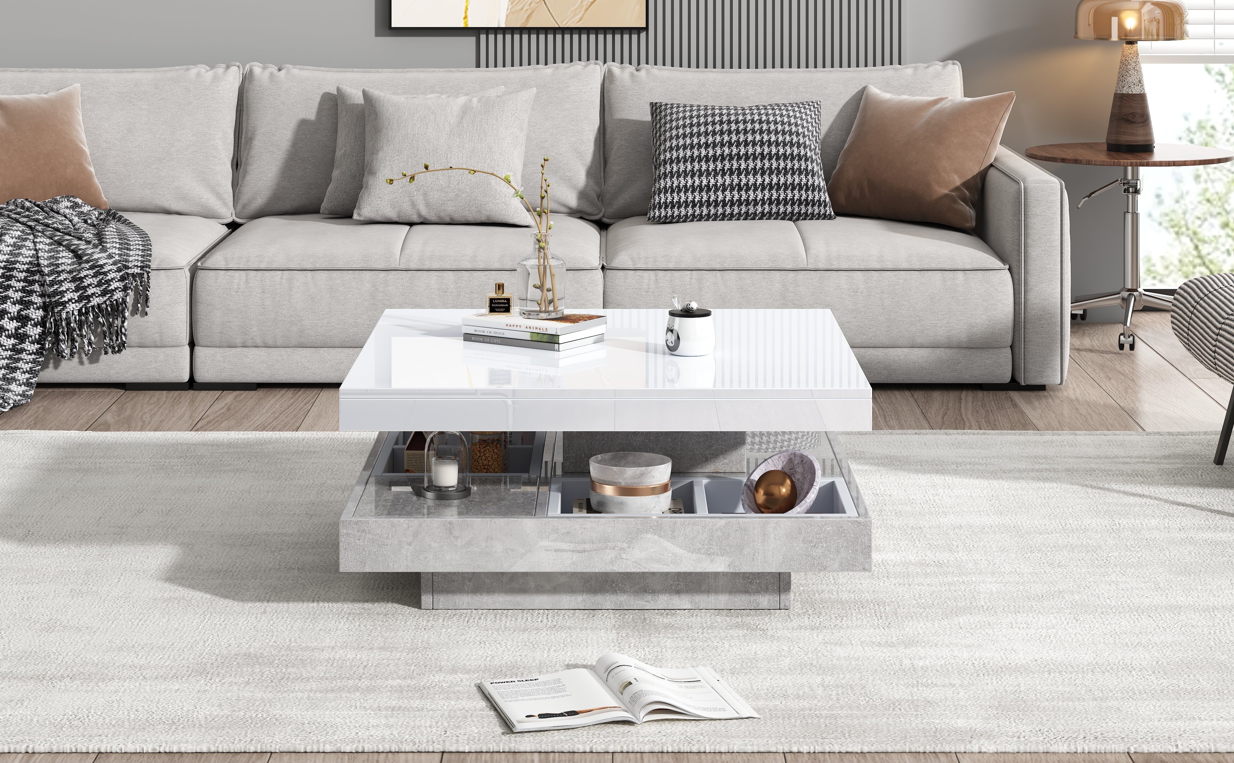 Logidon 360 graden draaibare salontafel 70x70x36 cm wit hoogglans