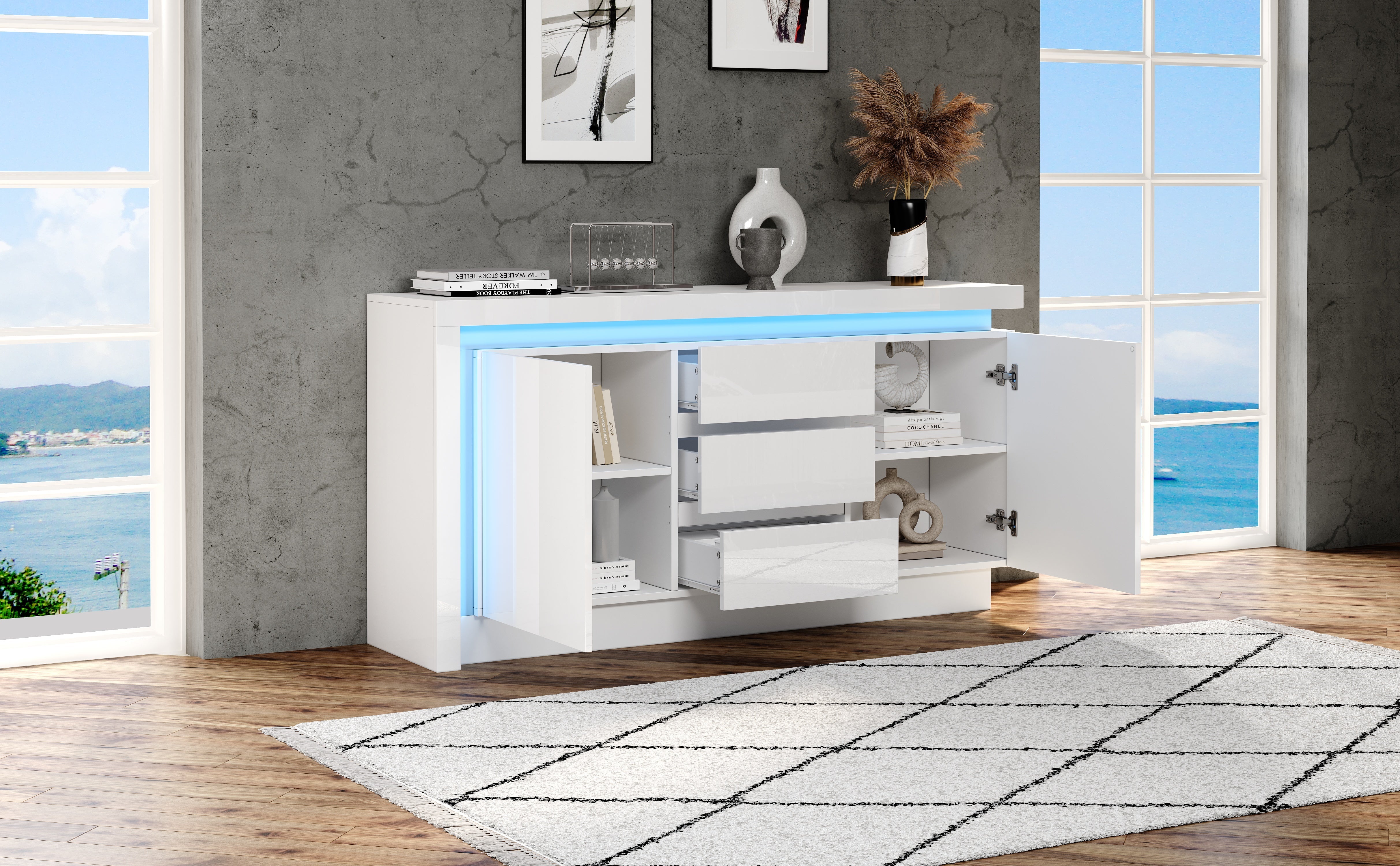 Logidon sideboard 140x35x72 cm white high gloss with LED