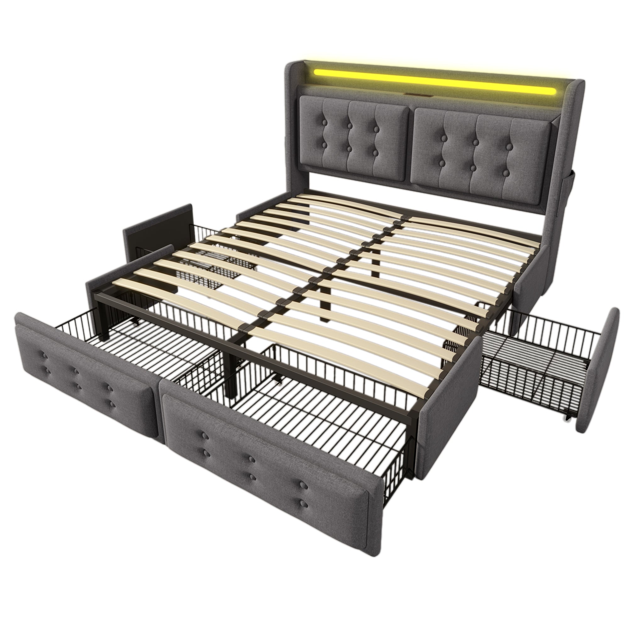Logidon gestoffeerd bed 180x200 grijs met LED hoofdeinde USB-C 4 lades